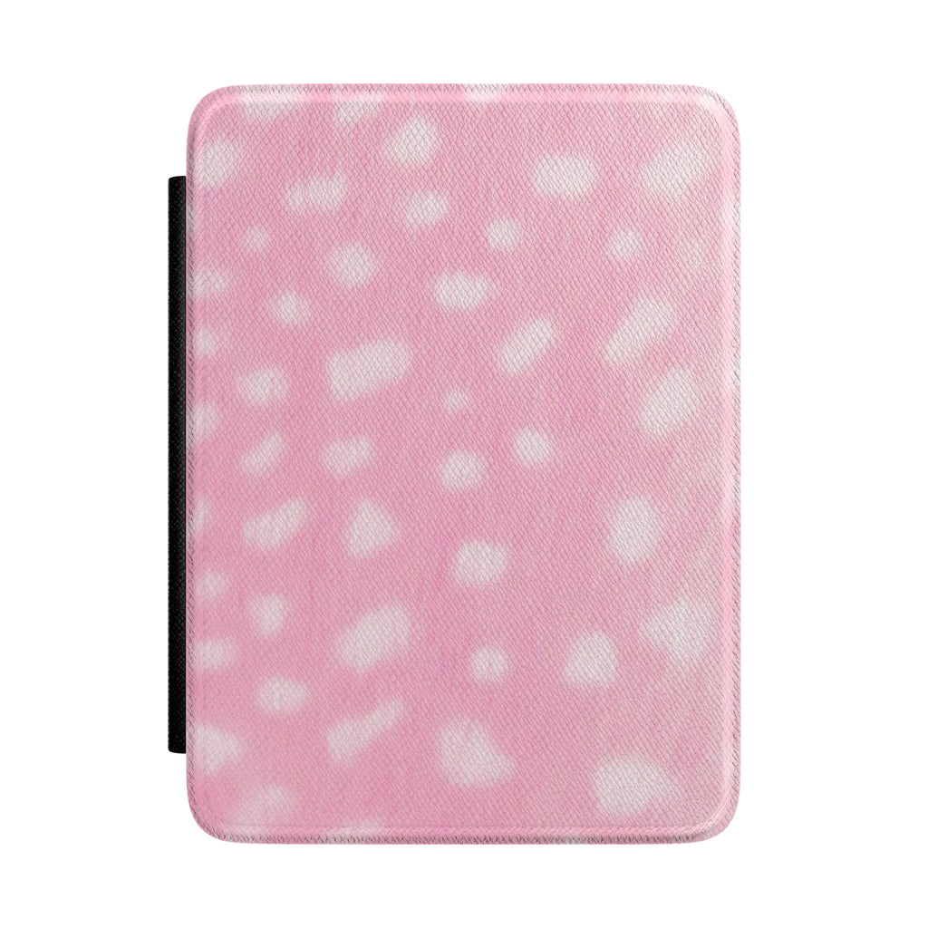 Pink hardcover Kindle case with light heart pattern and rounded edges