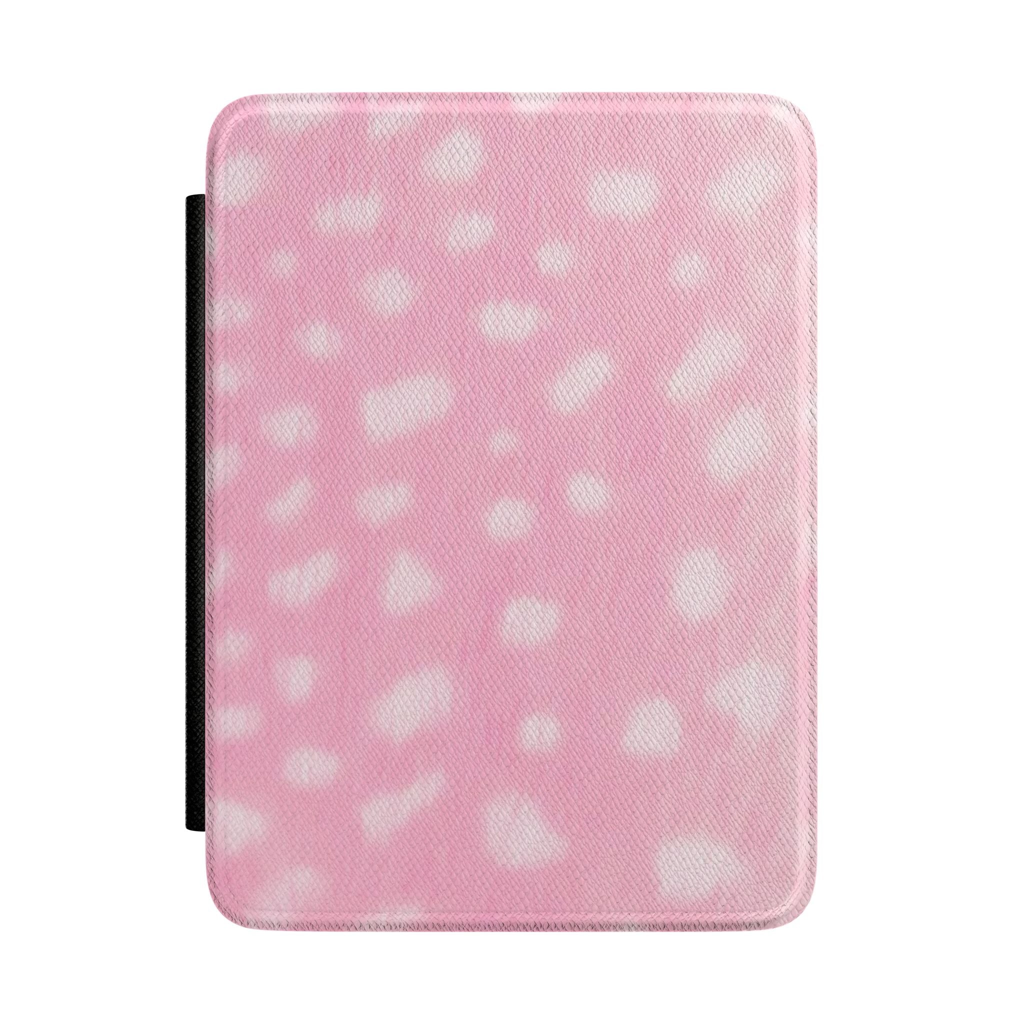 Pink hardcover Kindle case with light heart pattern and rounded edges
