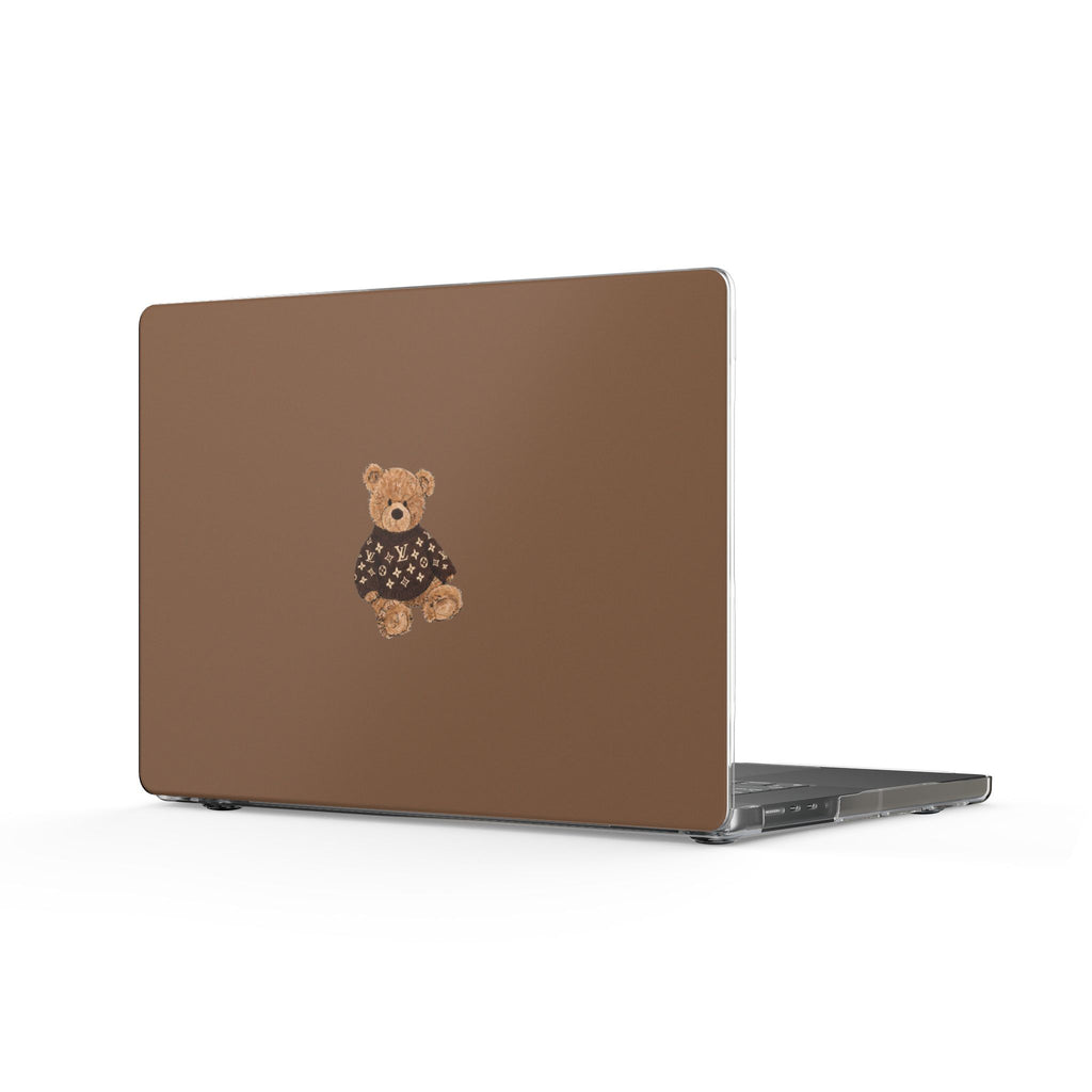 Brown laptop sleeve with teddy bear patch and LV monogram pattern