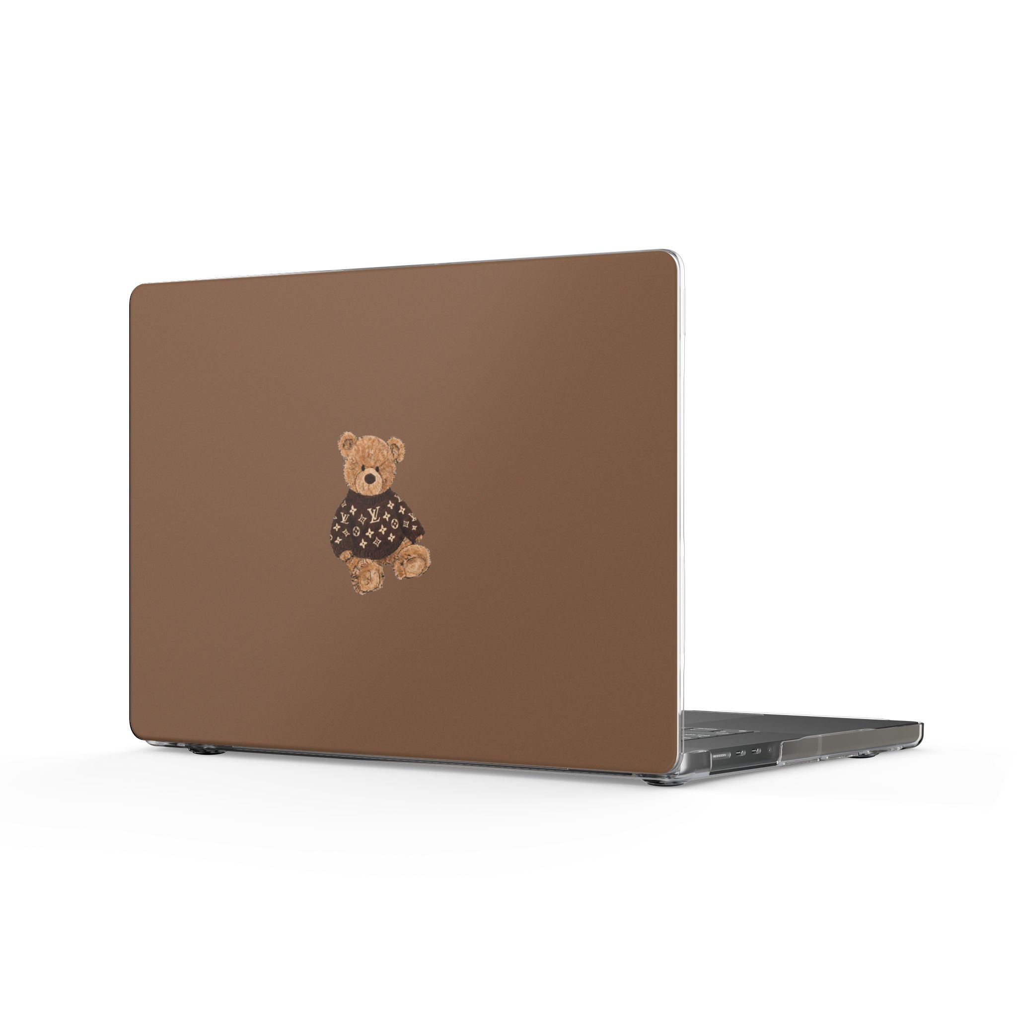 Brown laptop sleeve with teddy bear patch and LV monogram pattern