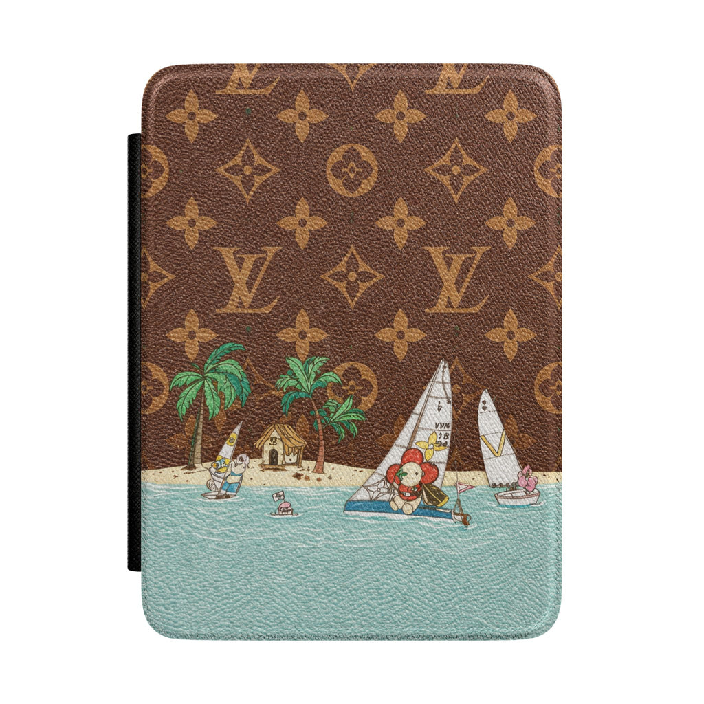 Brown hardcover Kindle case with LV monogram pattern and Caribbean sailboat print, teal edge