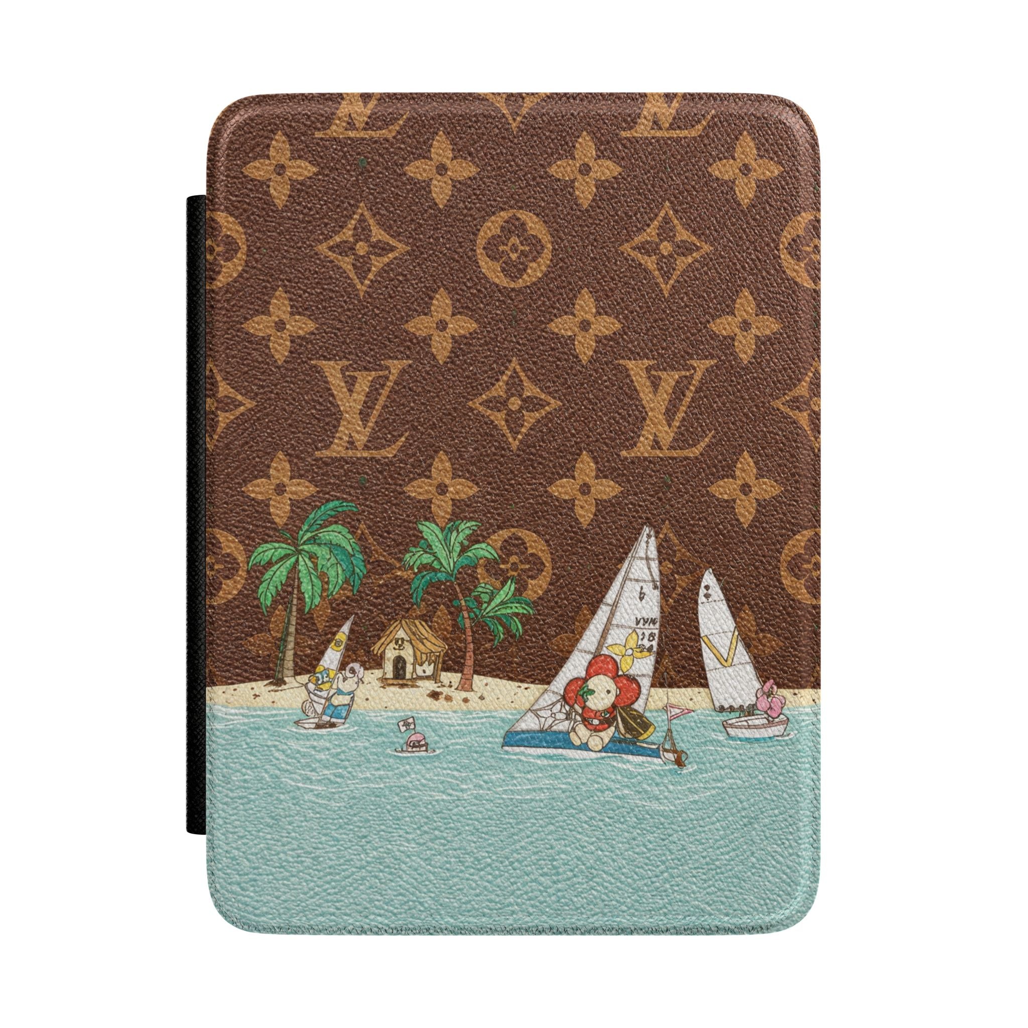 Brown hardcover Kindle case with LV monogram pattern and Caribbean sailboat print, teal edge