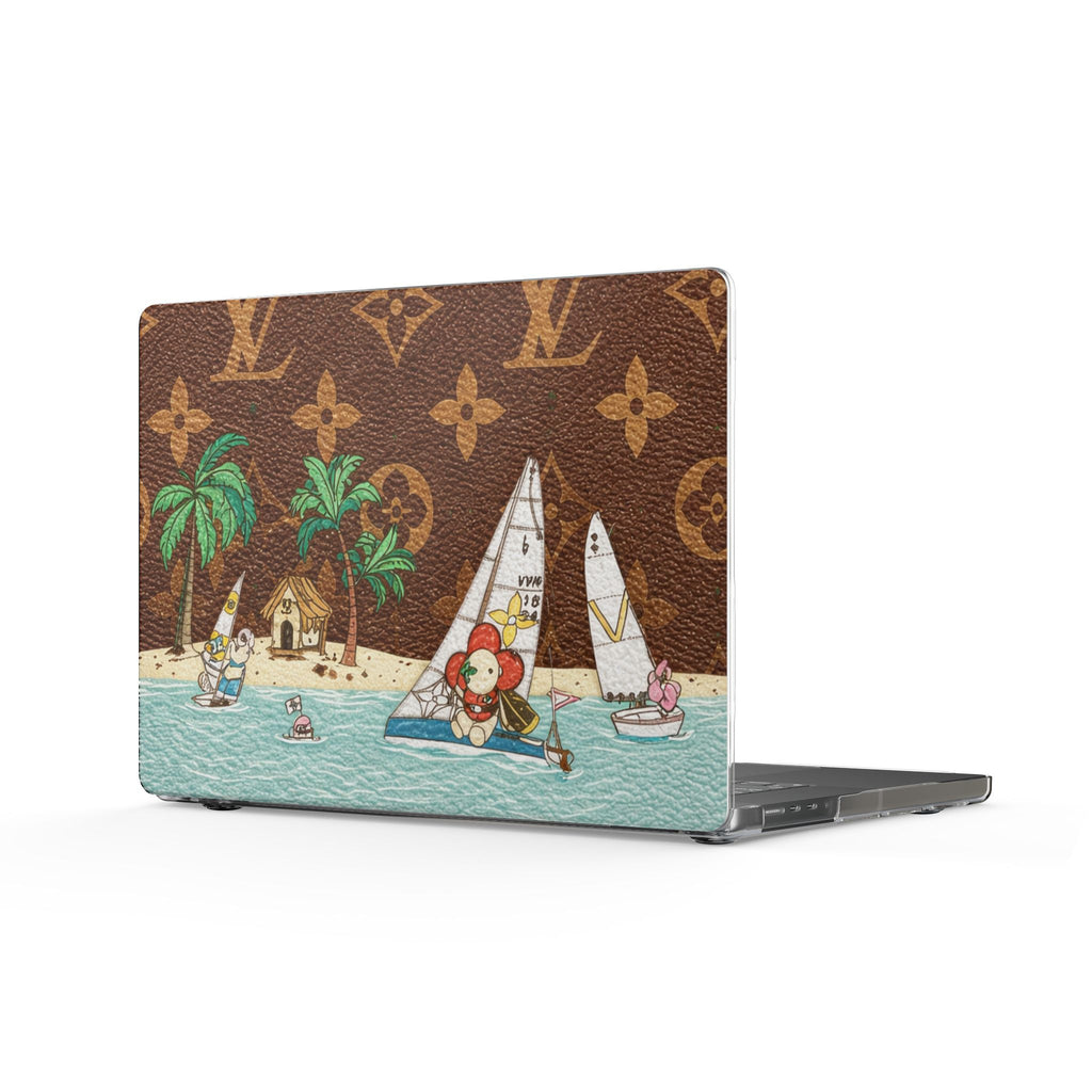Brown MacBook cover with LV monogram and tropical campsite illustration, protective back