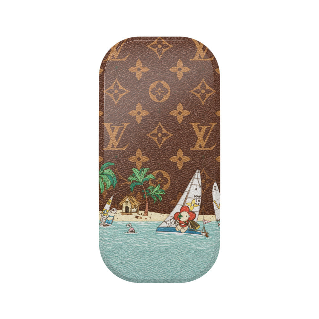 Brown phone grip holder with monogram pattern and seaside print