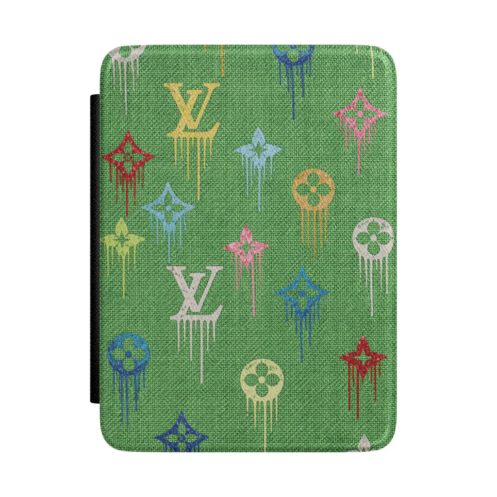 Green hardcover Kindle case with multicolor LV monogram drip pattern
