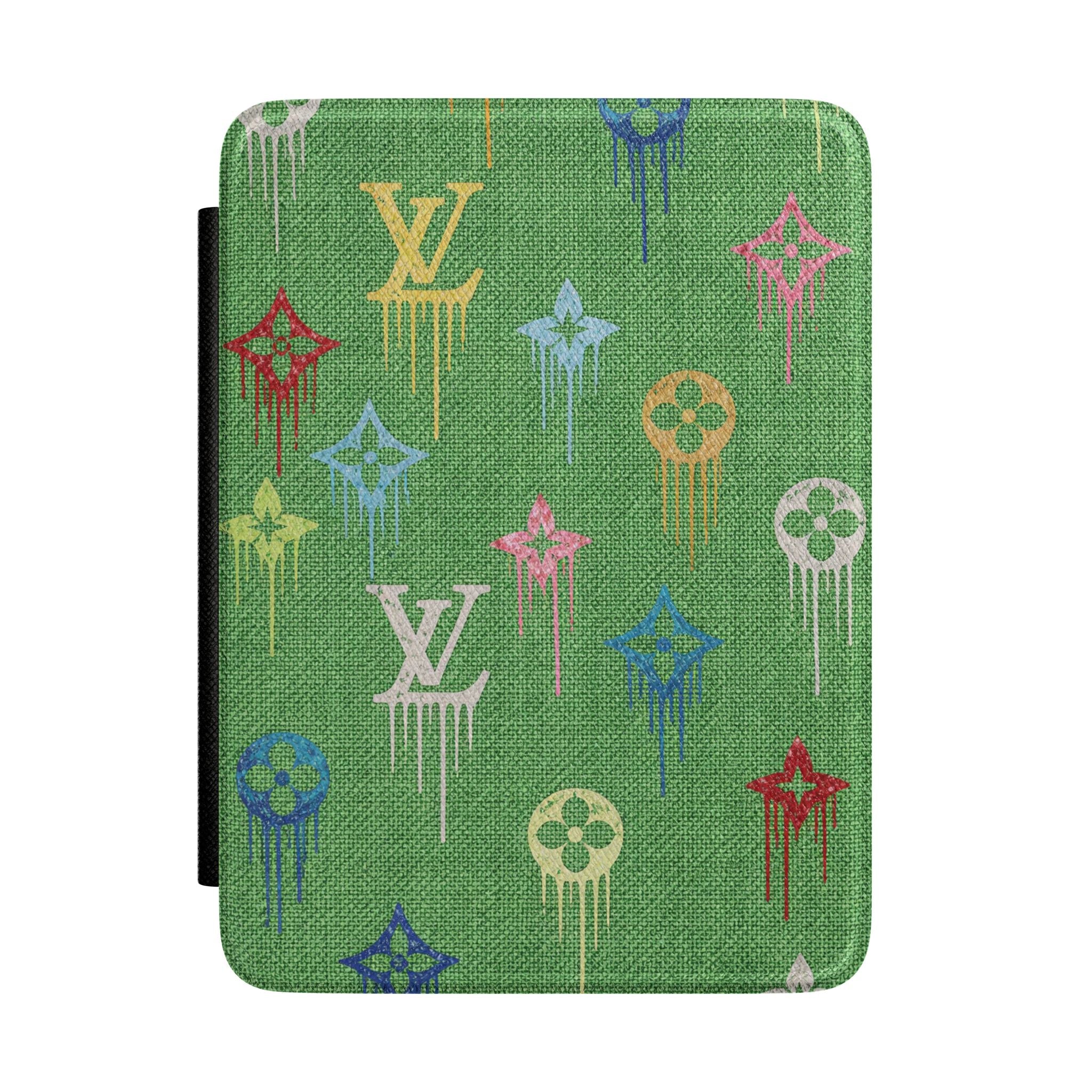 Green hardcover Kindle case with multicolor LV monogram drip pattern