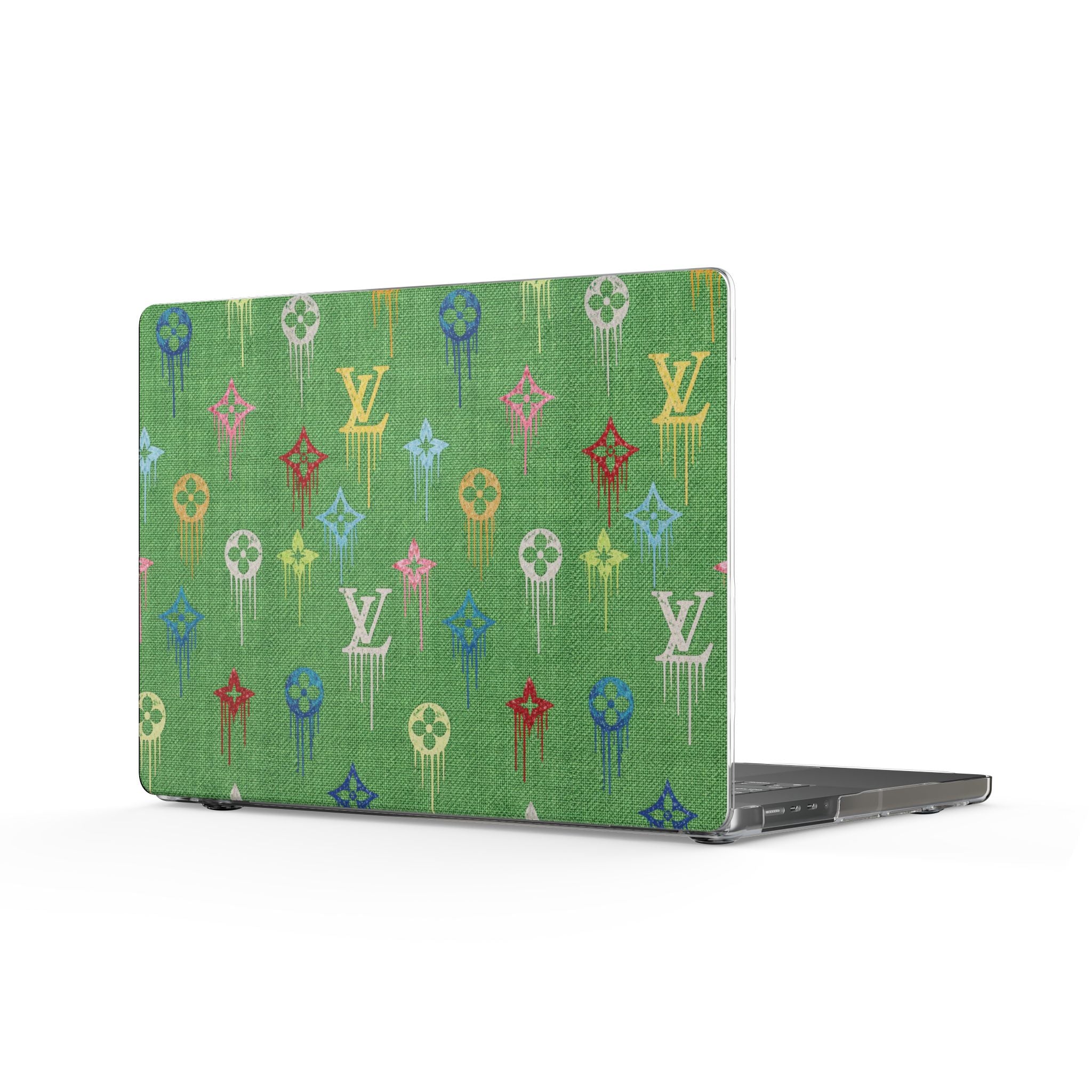 Green MacBook cover with multicolor LV monogram pattern, slim hard-shell case