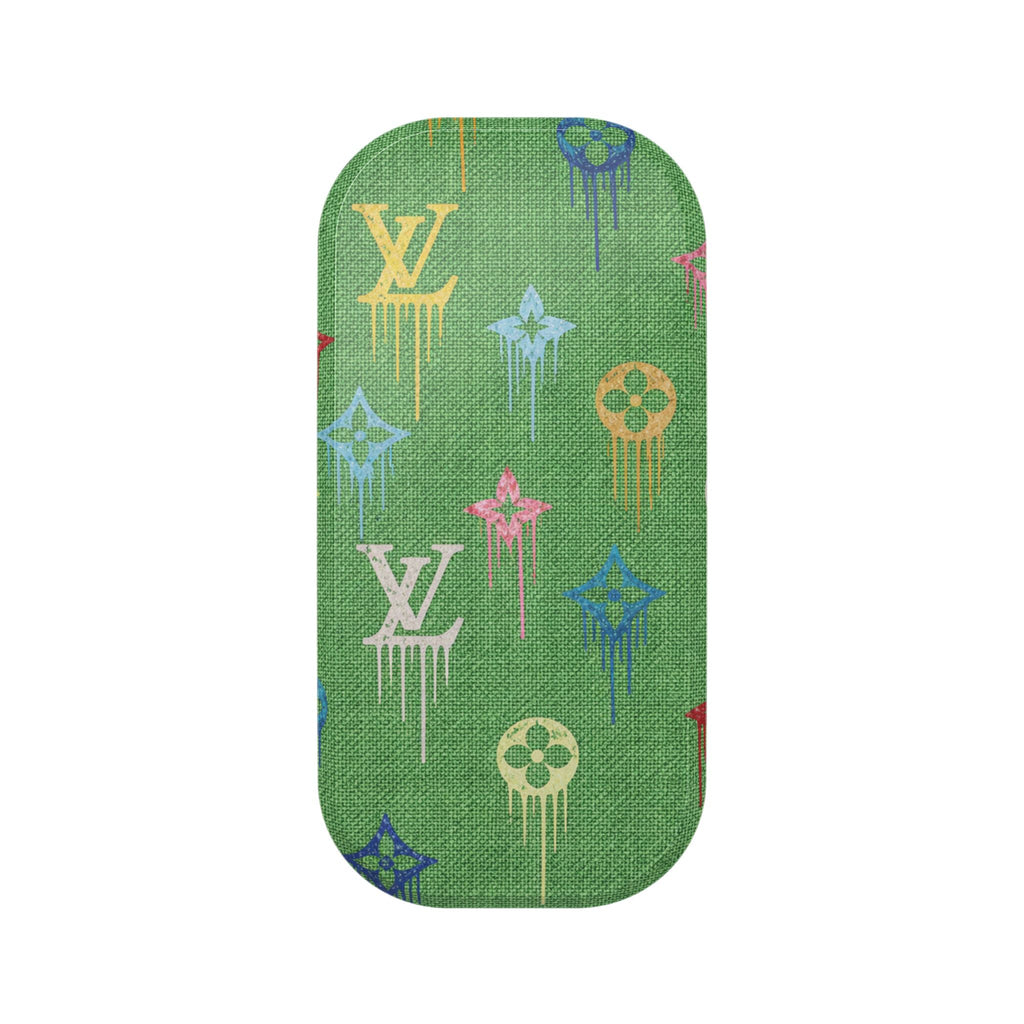 Green smartphone grip case with colorful LV monogram watercolor pattern