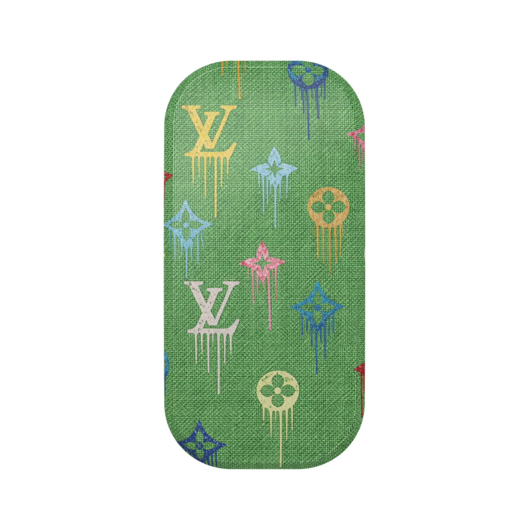 Green smartphone grip case with colorful LV monogram watercolor pattern