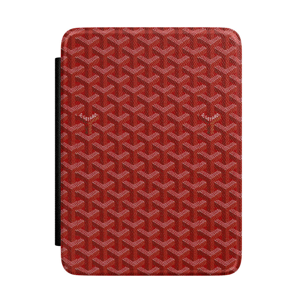 Red Goyard Kindle hardcover case with repeating Goyard pattern and black spine