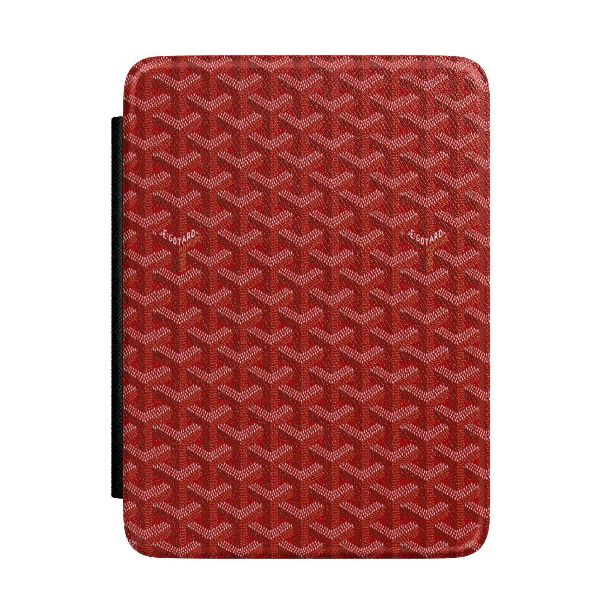 Red Goyard Kindle hardcover case with repeating Goyard pattern and black spine