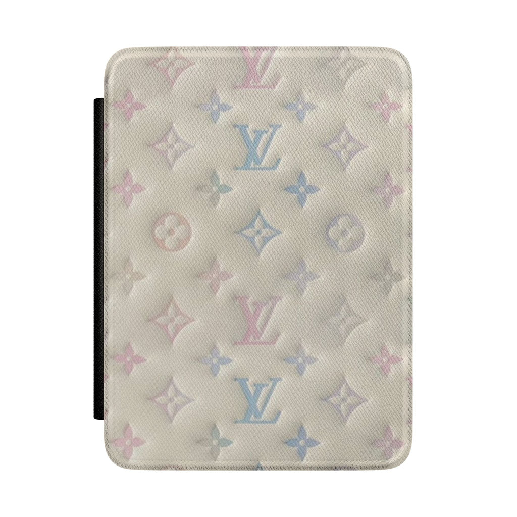 Ivory LV hardcover Kindle case with multicolor monogram pattern and black side strap