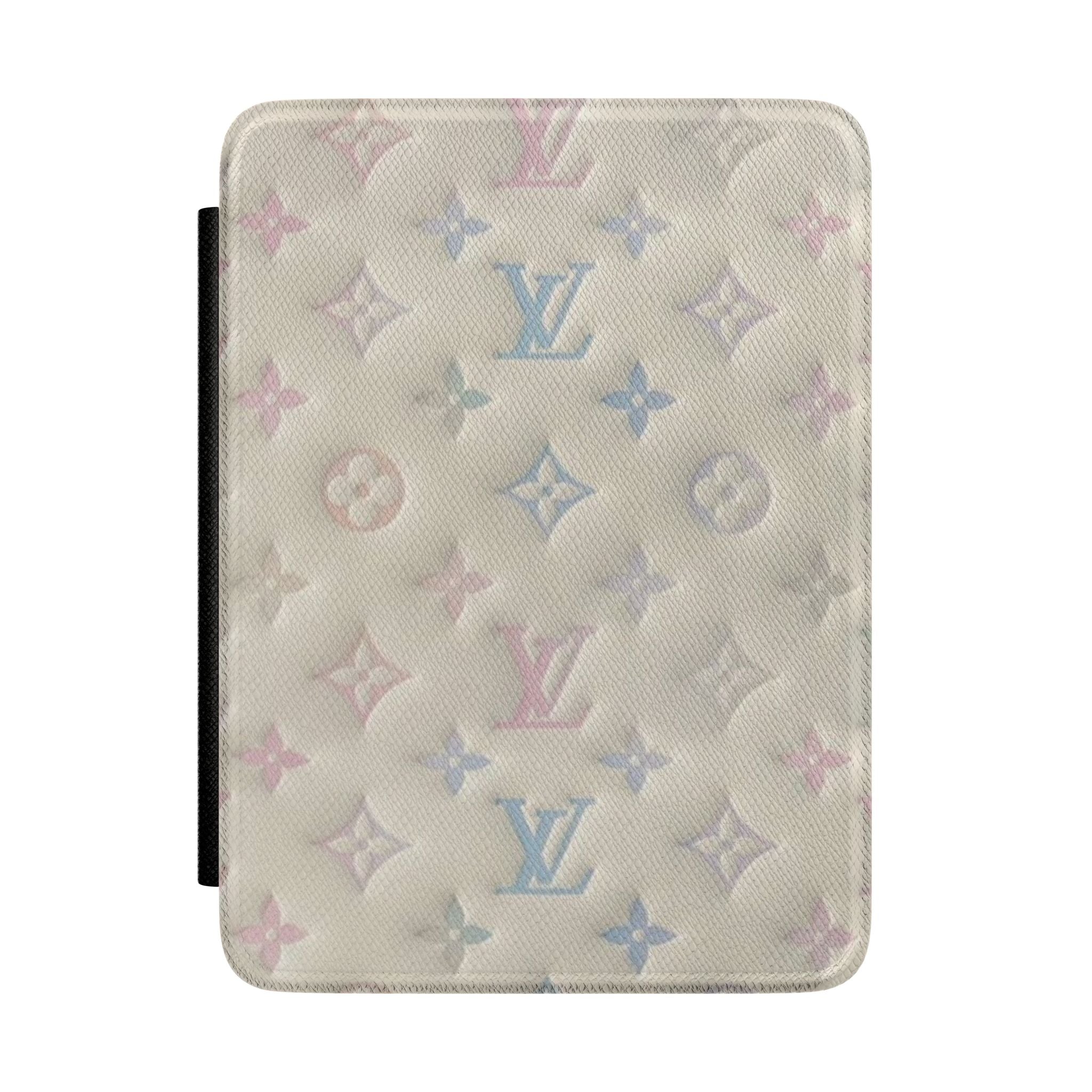 Ivory LV hardcover Kindle case with multicolor monogram pattern and black side strap