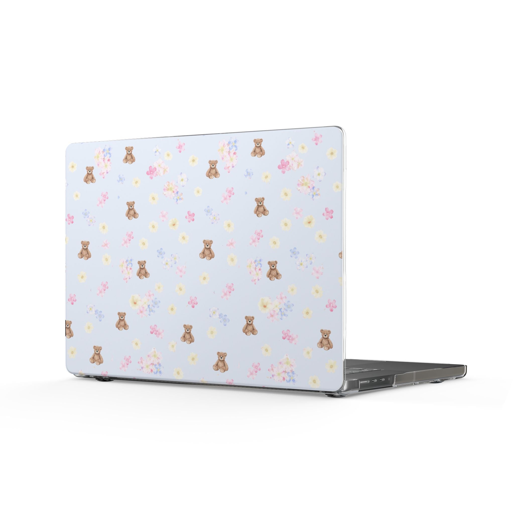 Laptop cover with light blue base and scattered teddy bear and flower pattern