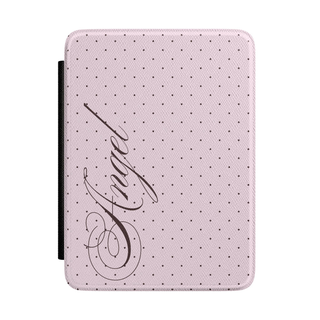 Pink hardcover kindle case with black polka dots and cursive angel graphic