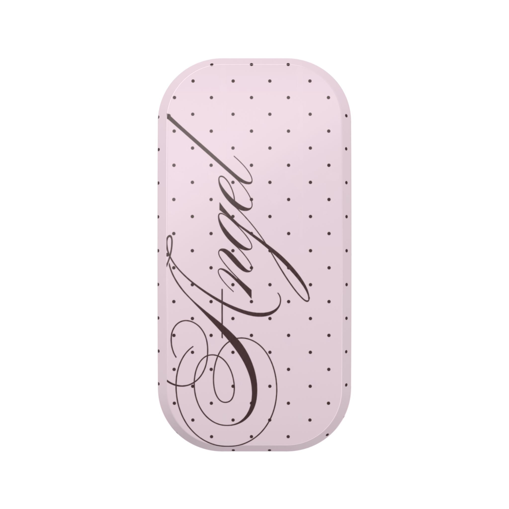 Pink polka-dot phone grip with coquette script and rounded cover