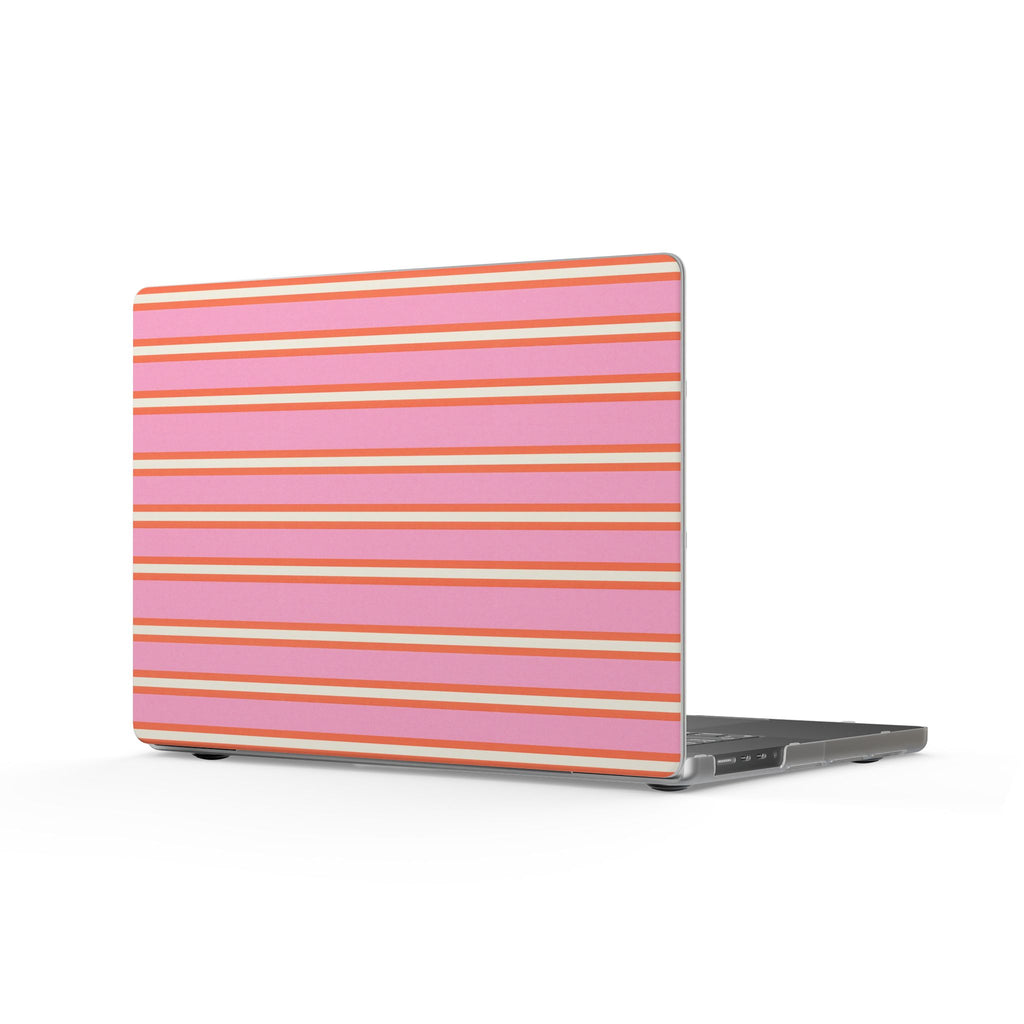 MacBook cover with sherbet stripes in pink, orange, and yellow