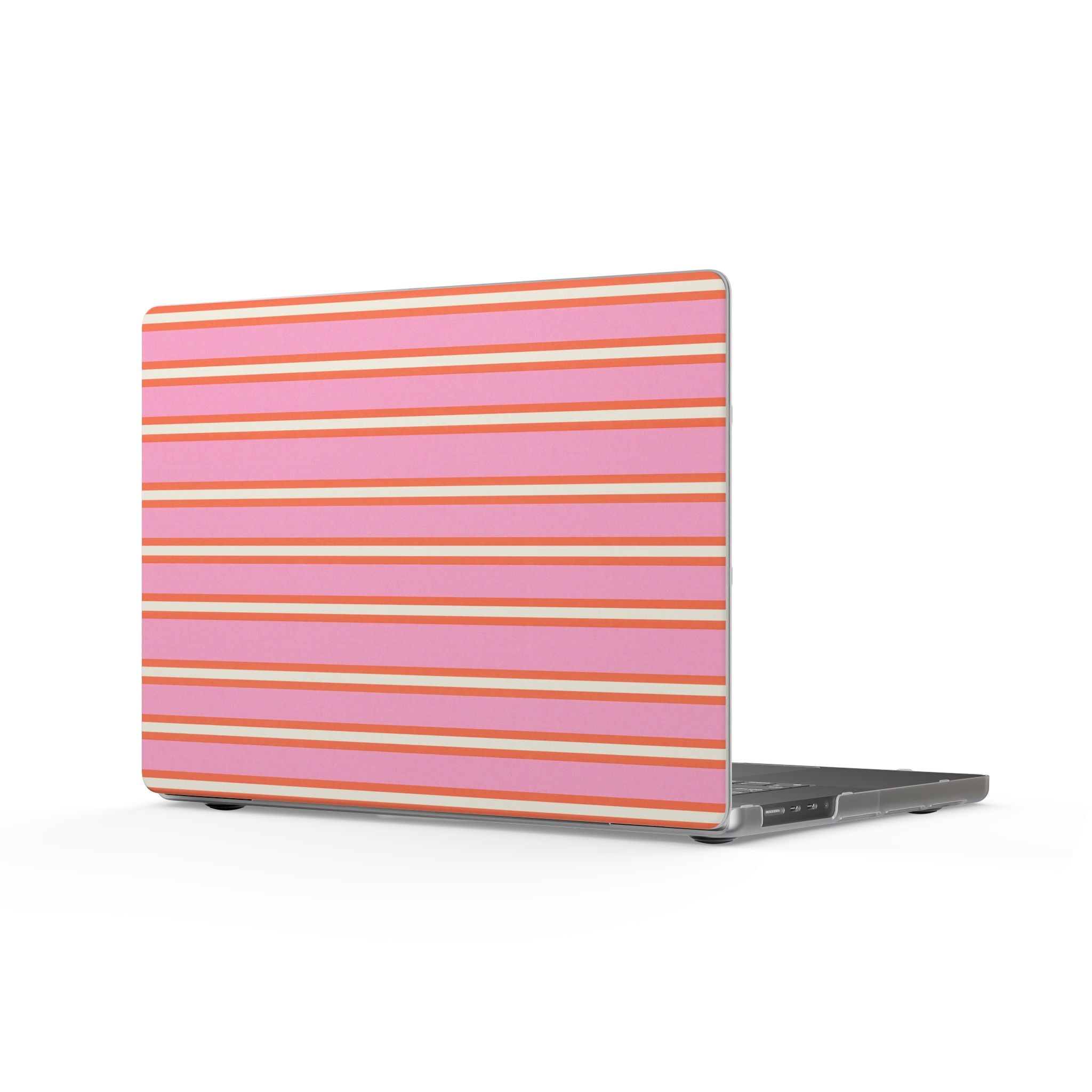 MacBook cover with sherbet stripes in pink, orange, and yellow