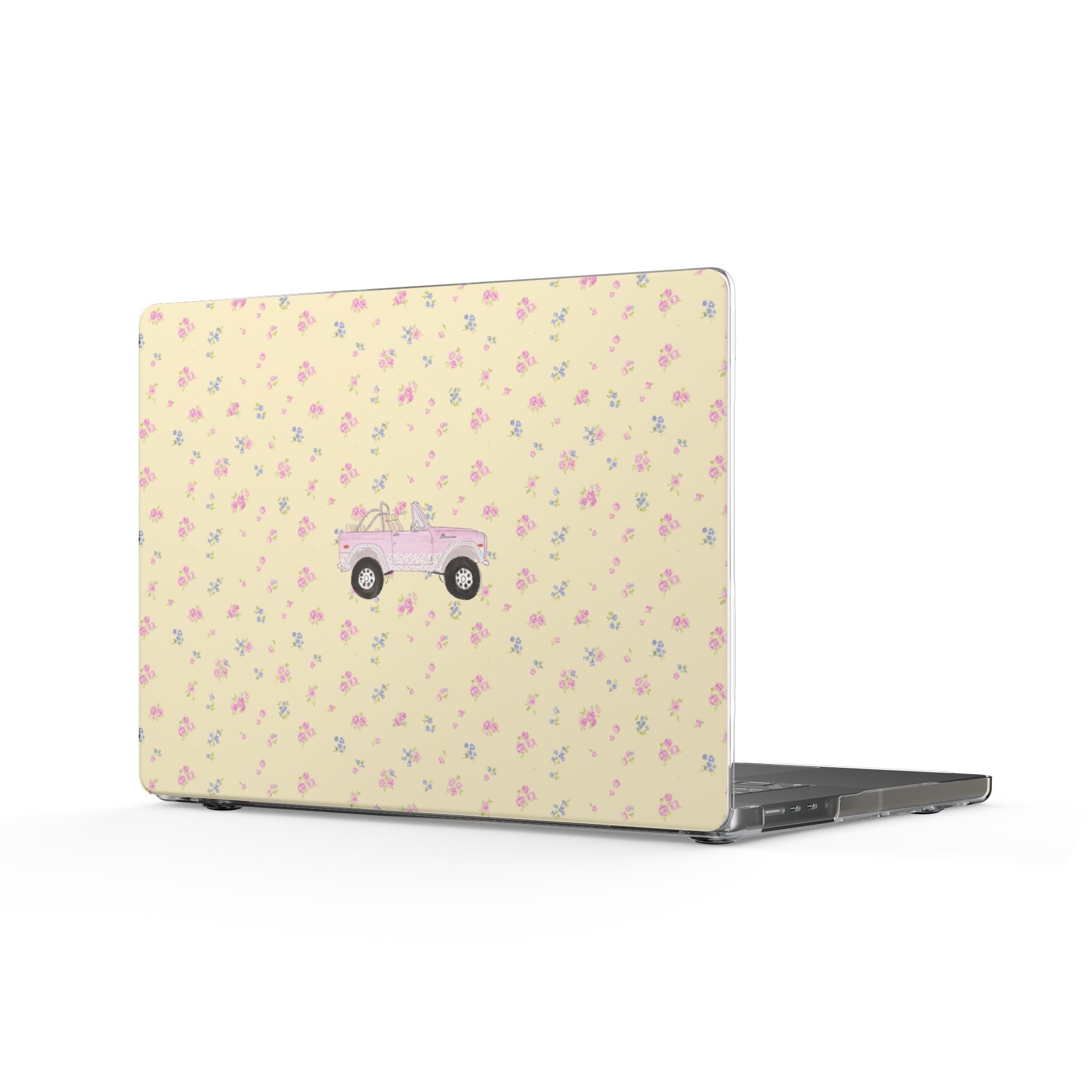 Laptop cover with yellow ditsy floral pattern and pink vintage Bronco graphic