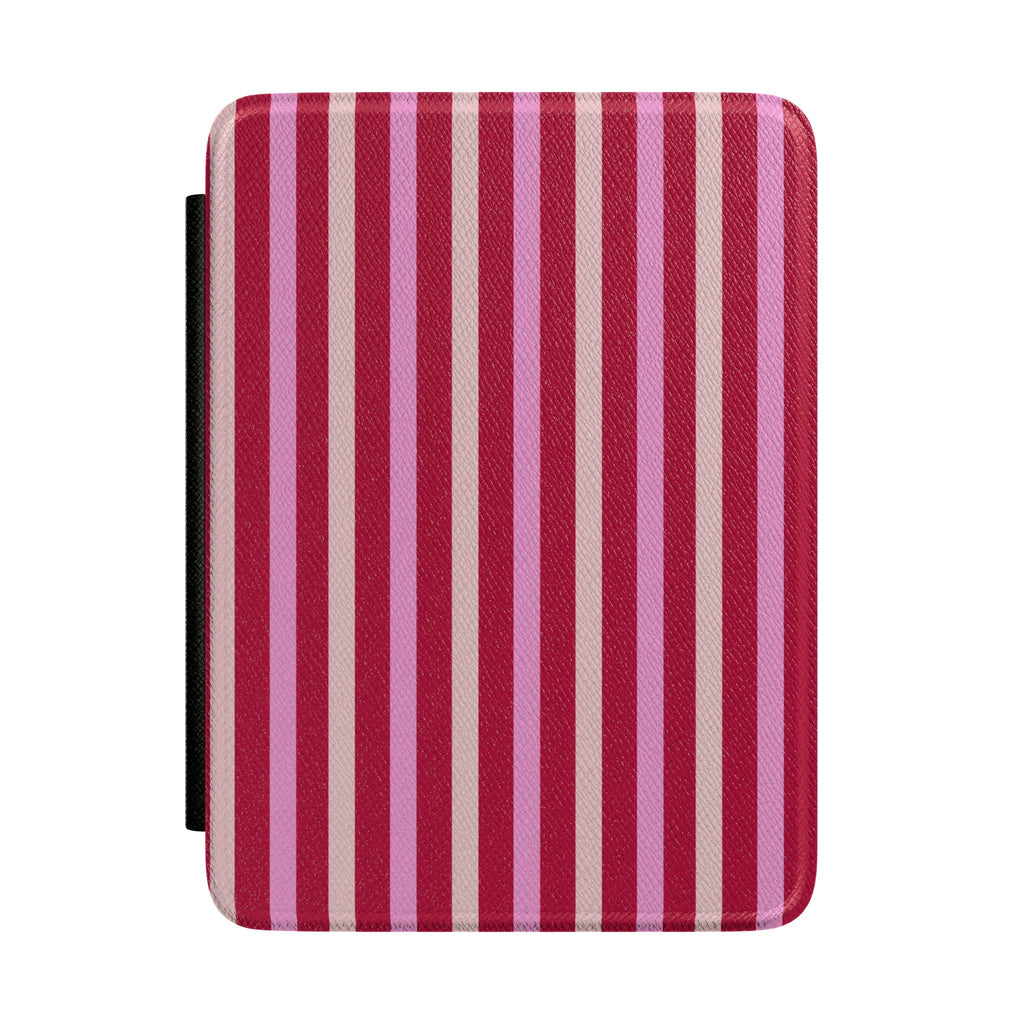 Hardcover Kindle case with vertical berry and blush stripe fabric and black side strap