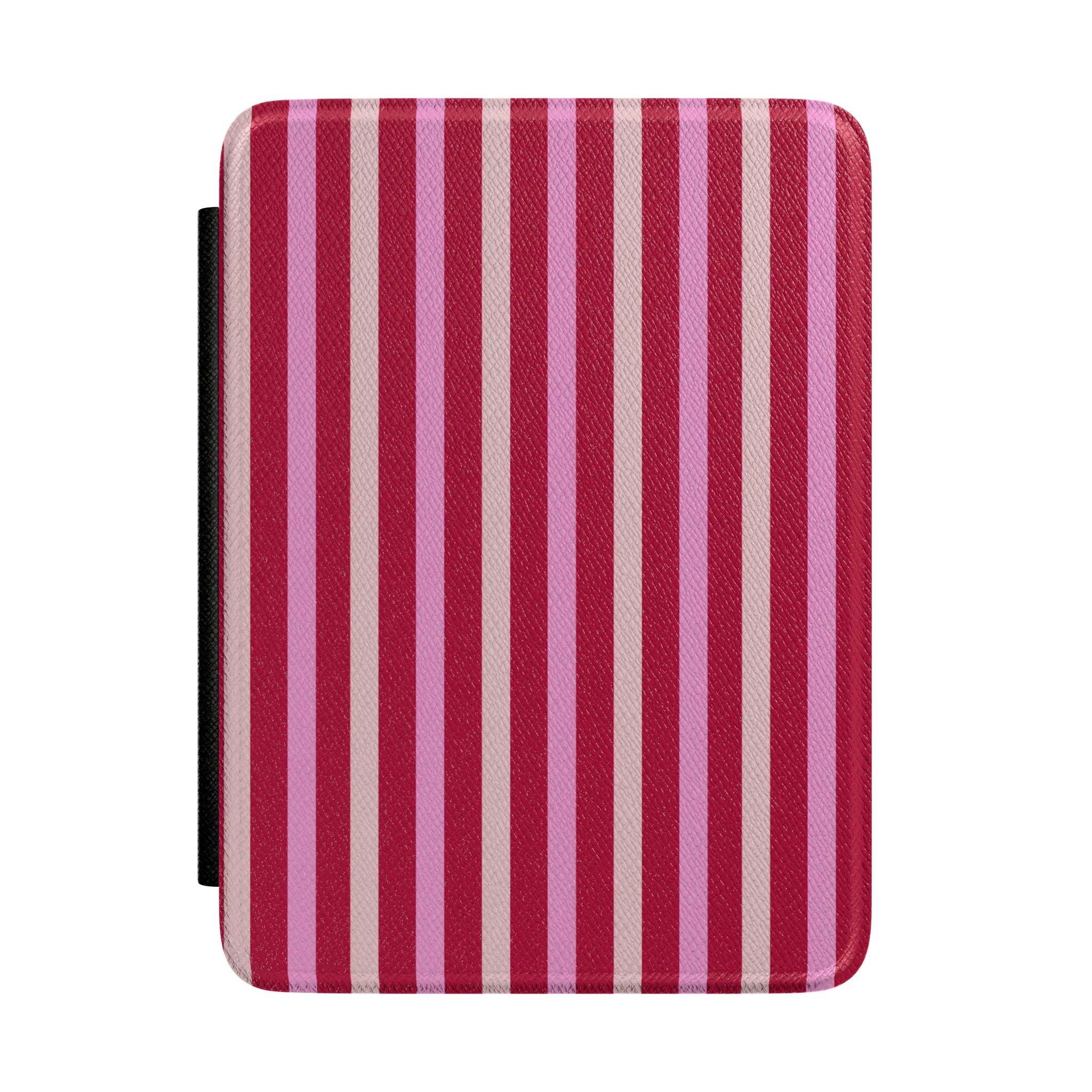 Hardcover Kindle case with vertical berry and blush stripe fabric and black side strap