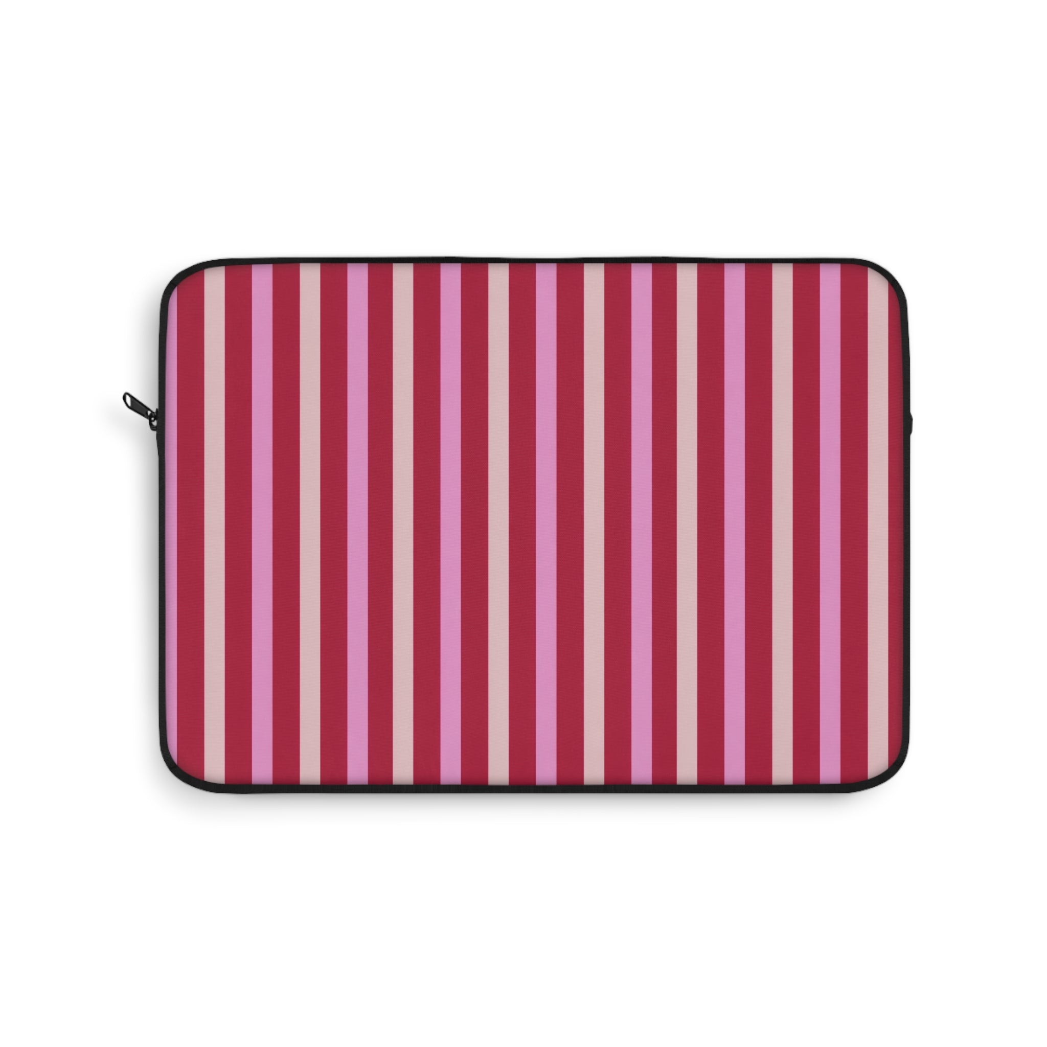 Pink, white, and red striped device sleeve with rounded zipper and dark edge