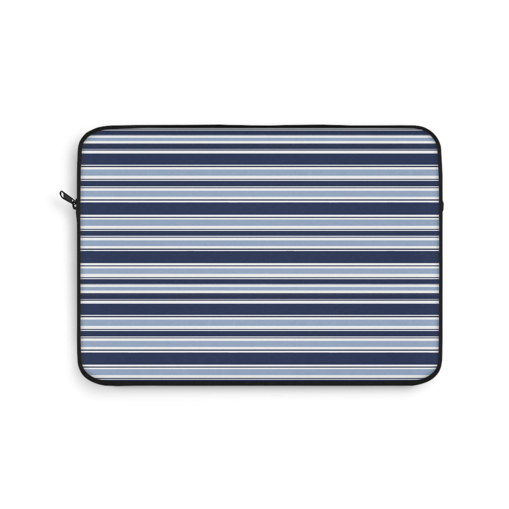 Neoprene tablet and laptop sleeve with navy-and-white stripe exterior and black zipper
