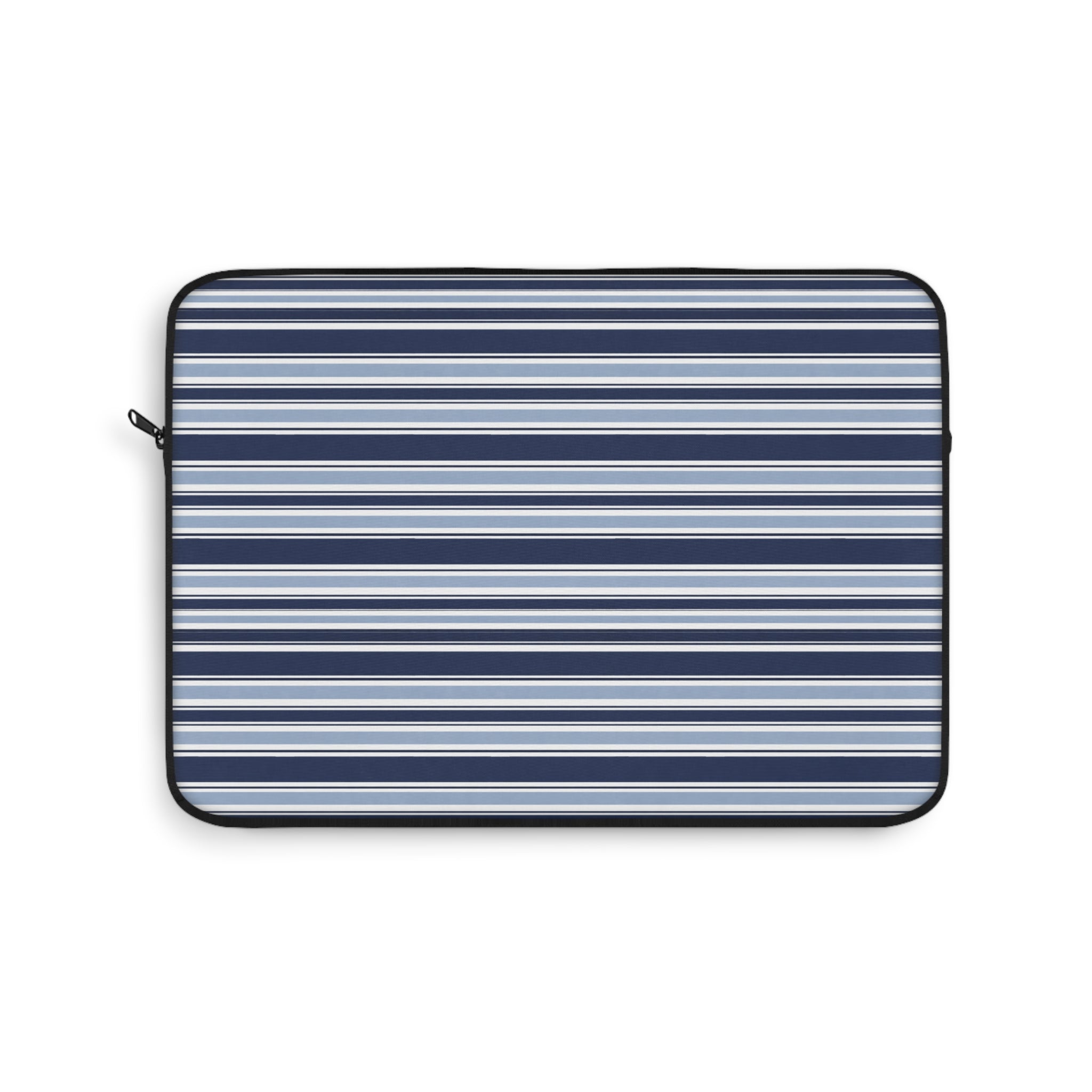 Neoprene tablet and laptop sleeve with navy-and-white stripe exterior and black zipper