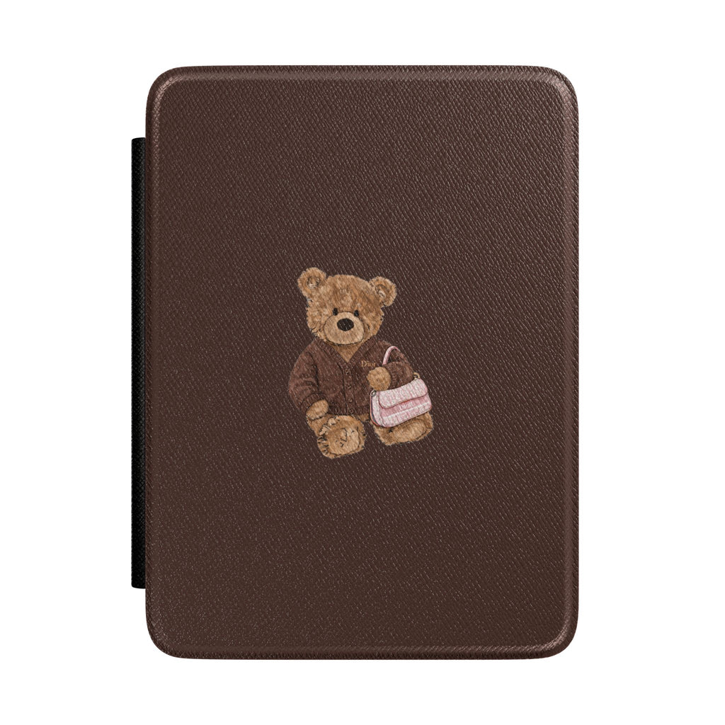 Brown hardcover Kindle case with teddy bear applique and side black card holder