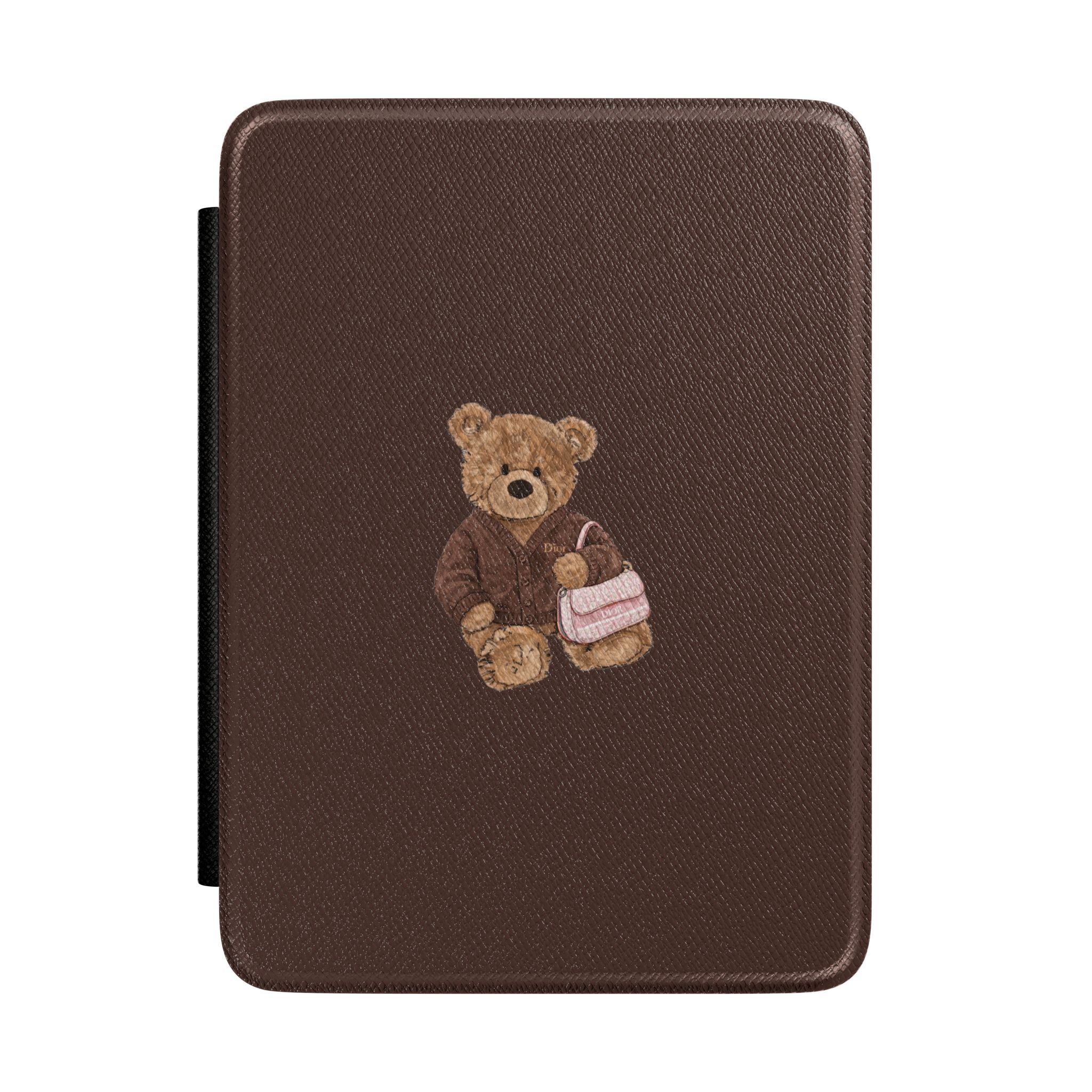 Brown hardcover Kindle case with teddy bear applique and side black card holder