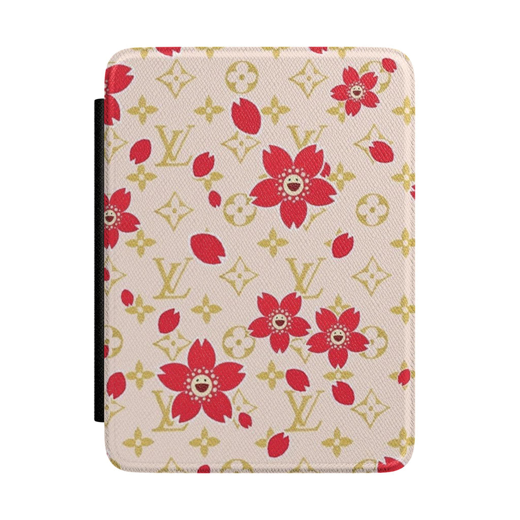Ivory hardcover Kindle case with red floral pattern, rounded corners.