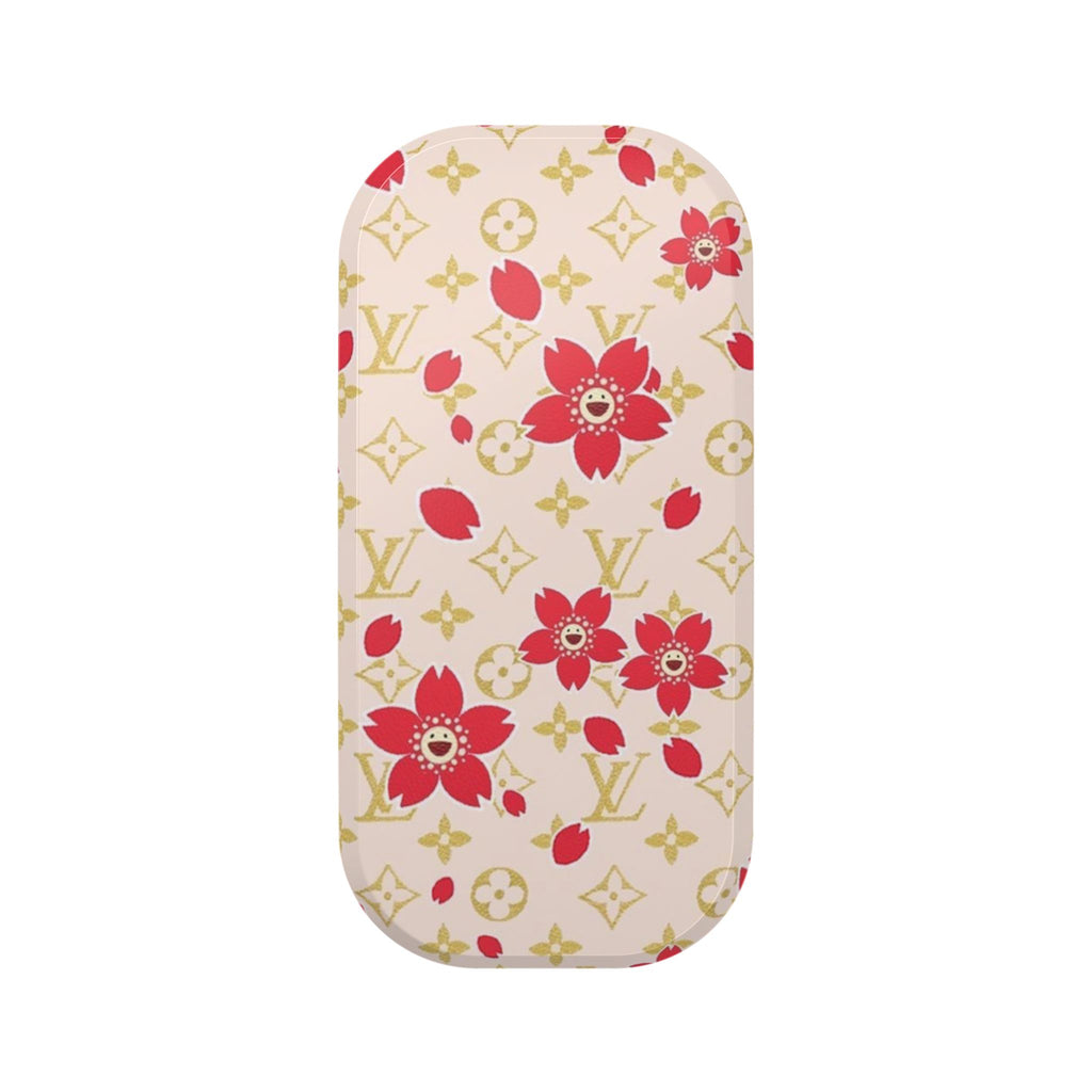 Phone grip case with ivory floral pattern and red flowers, LV-style icons