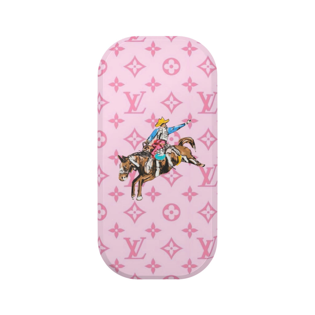 Pink phone grip with LV monogram pattern and cowboy on horseback print