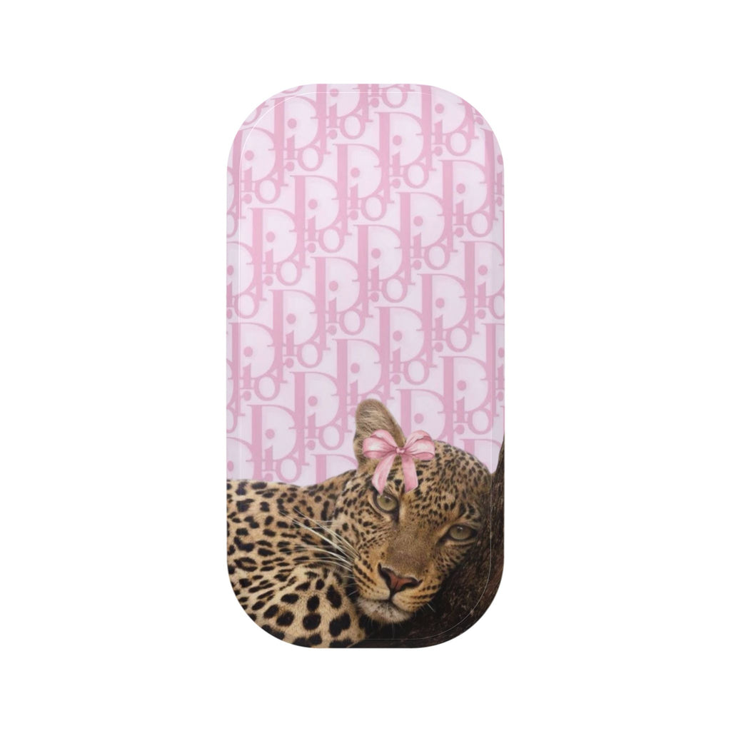 Pink Dior monogram phone case with leopard cat face and bow detail