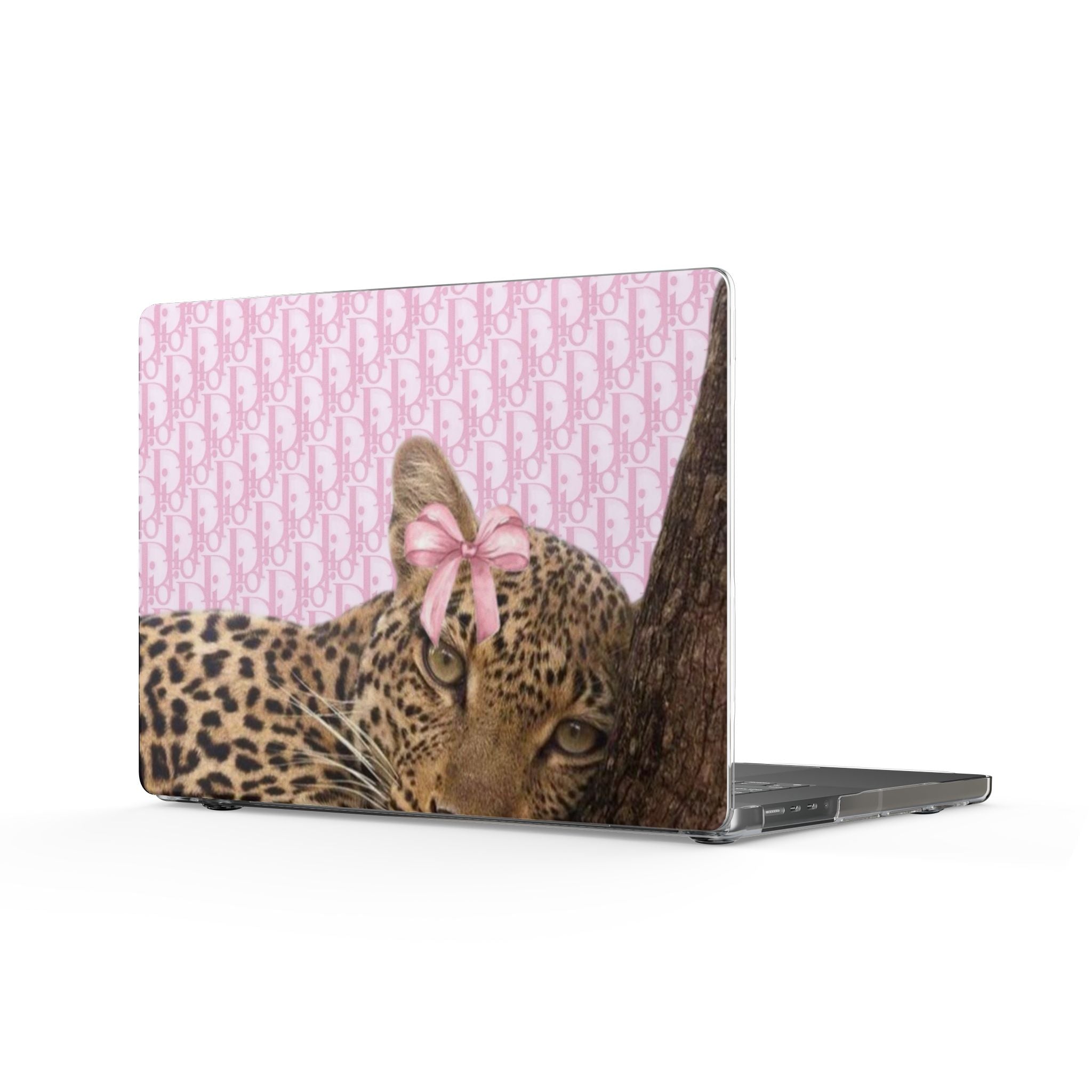 Pink leopard-pattern MacBook cover with Dior print and bow, clear edge