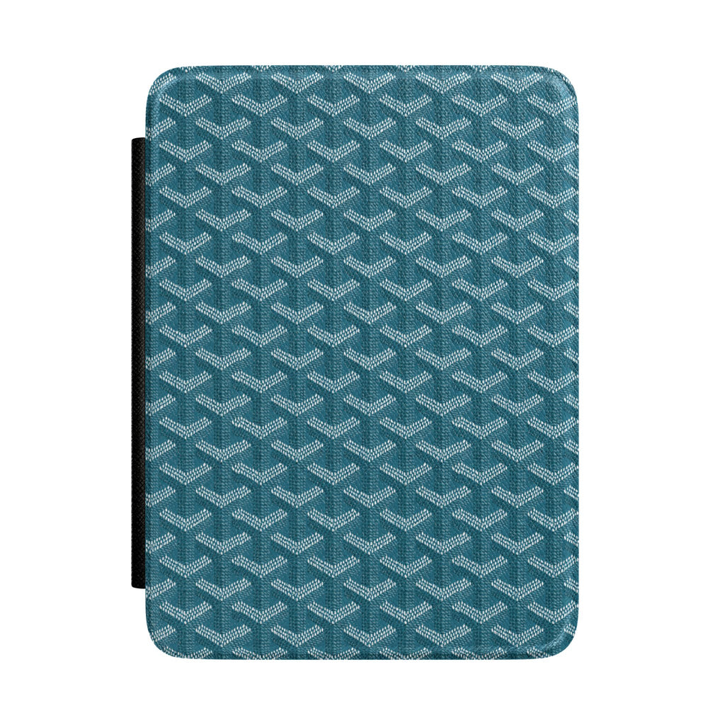 Teal hardcover Kindle case with Goyard-inspired geometric pattern