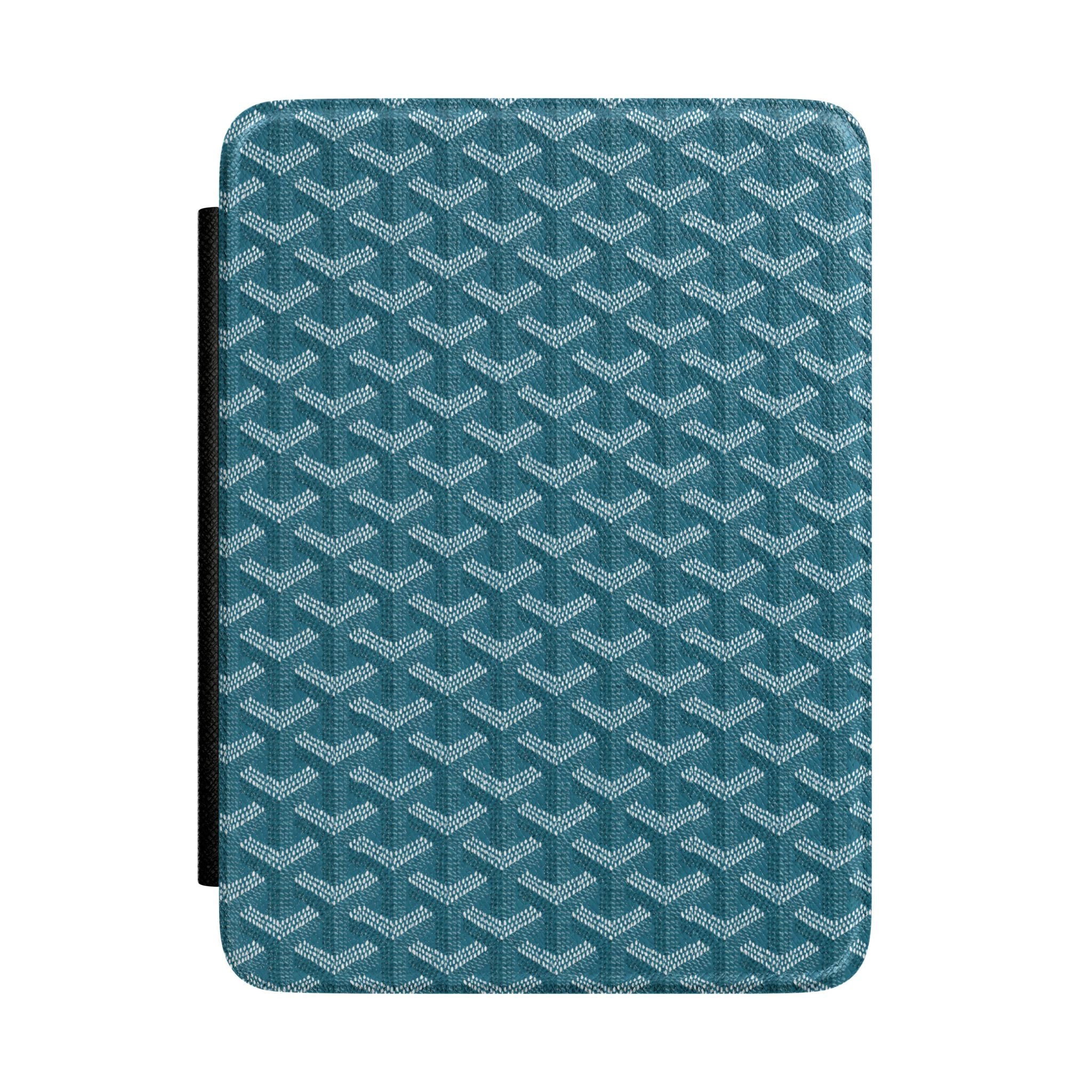 Teal hardcover Kindle case with Goyard-inspired geometric pattern