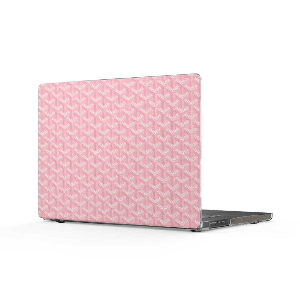 Pink laptop cover with repeating Goyard-style pattern and open bottom edge