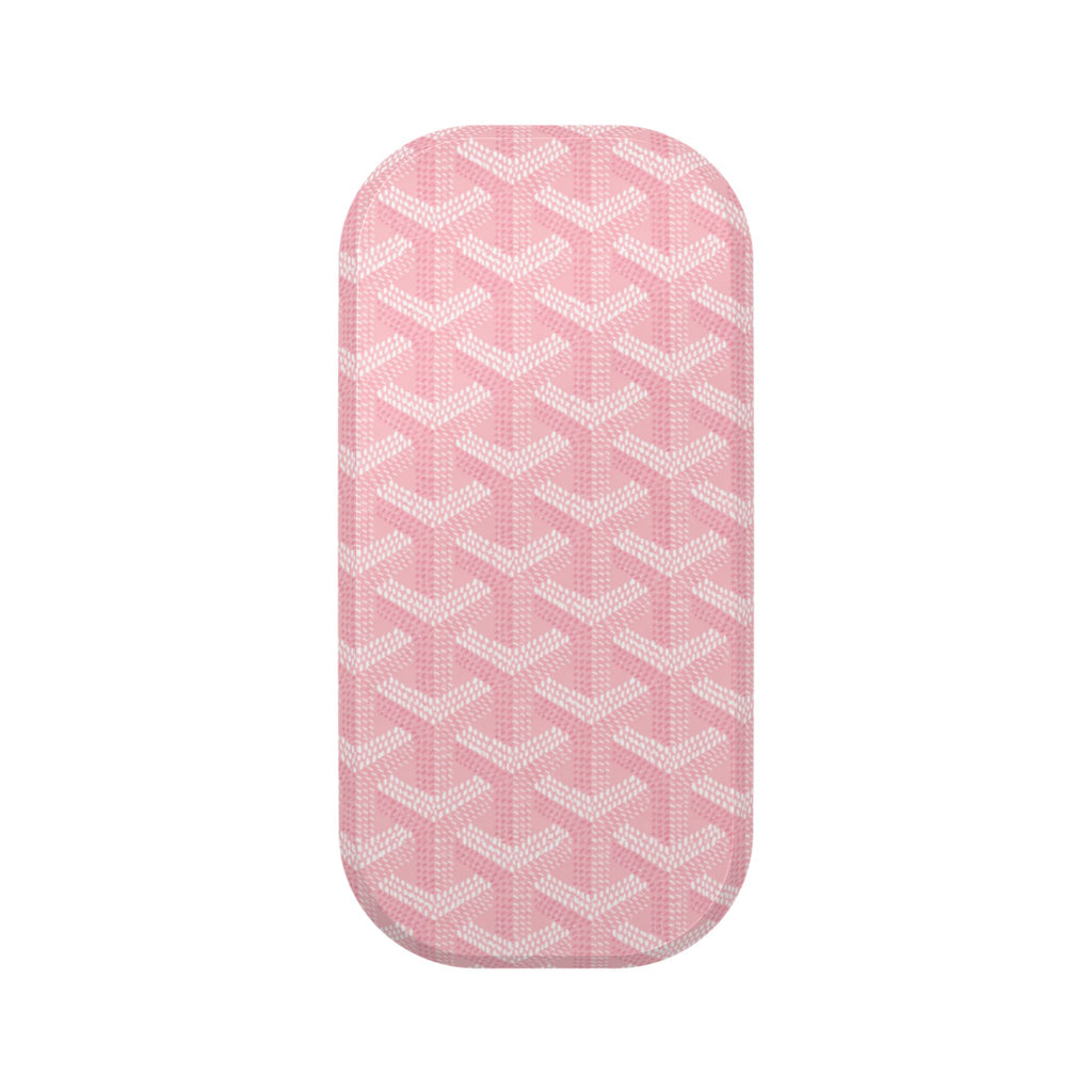 Pink patterned phone grip sleeve for handsfree use, with interlocking chevron texture