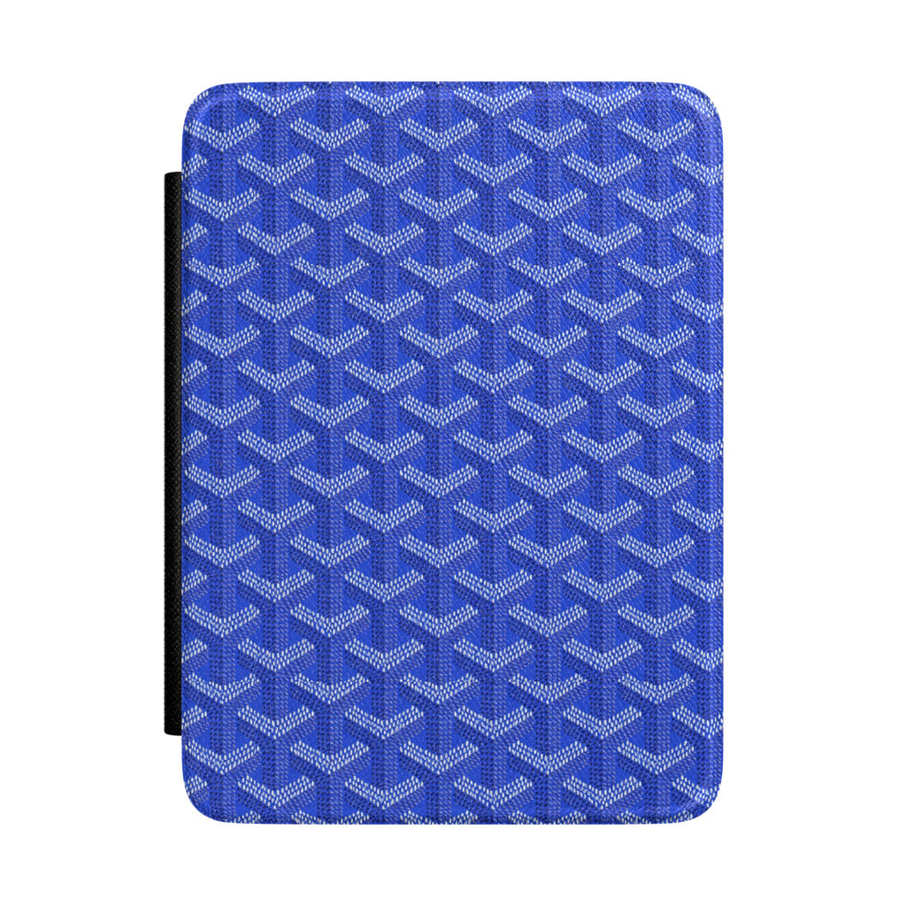 Hardcover Kindle case, royal blue with repeating Goyard chevron pattern and black strap.