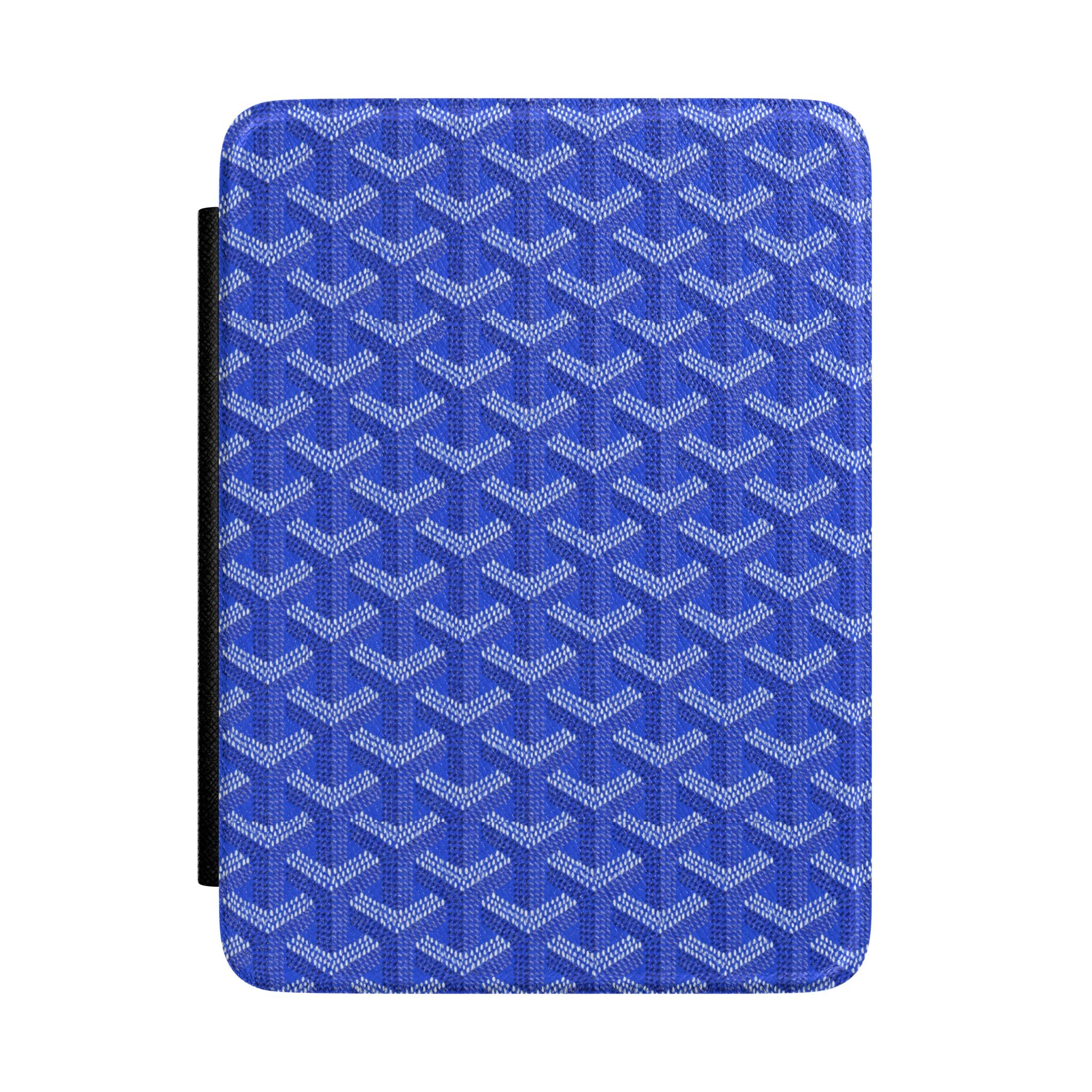 Hardcover Kindle case, royal blue with repeating Goyard chevron pattern and black strap.