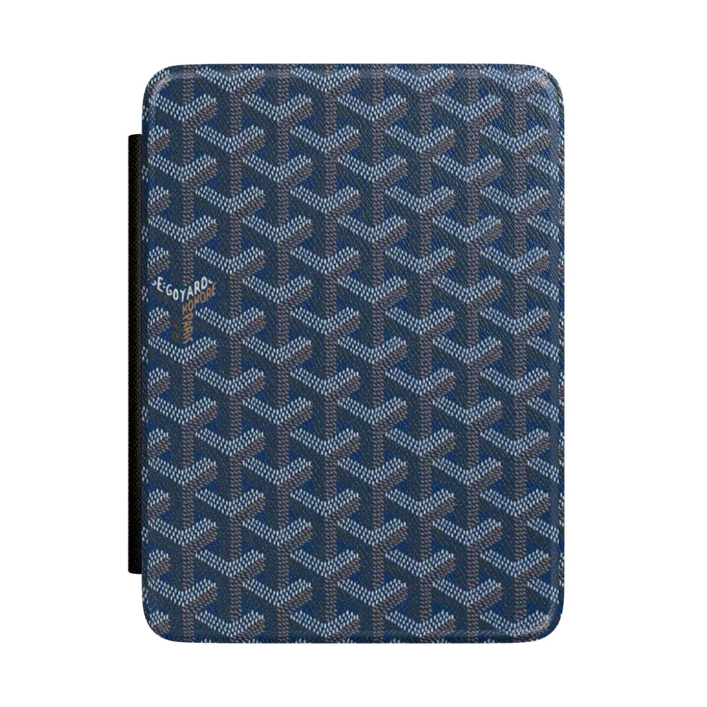 Steel blue hardcover Kindle case with Goyard-style repeating pattern and elastic strap