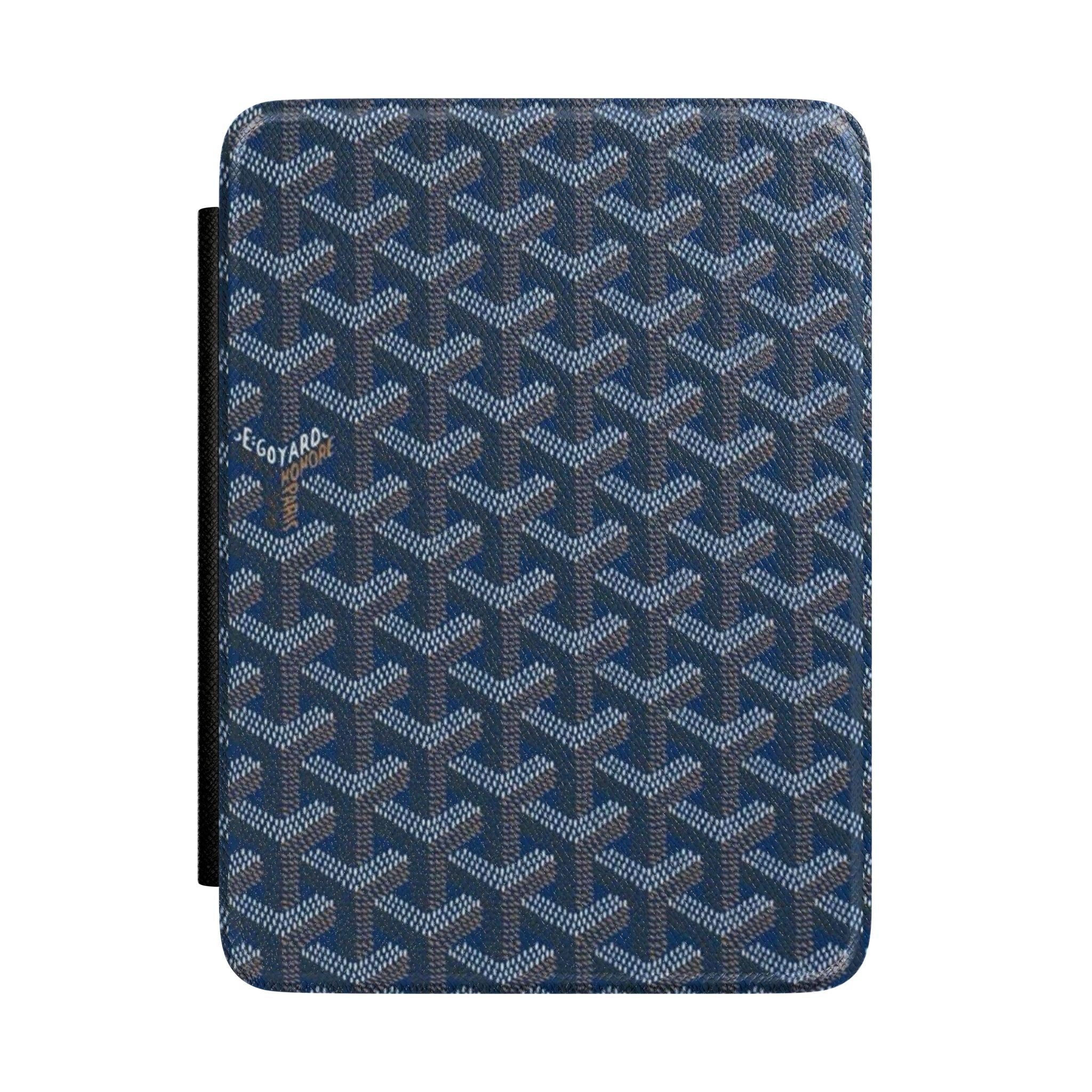 Steel blue hardcover Kindle case with Goyard-style repeating pattern and elastic strap