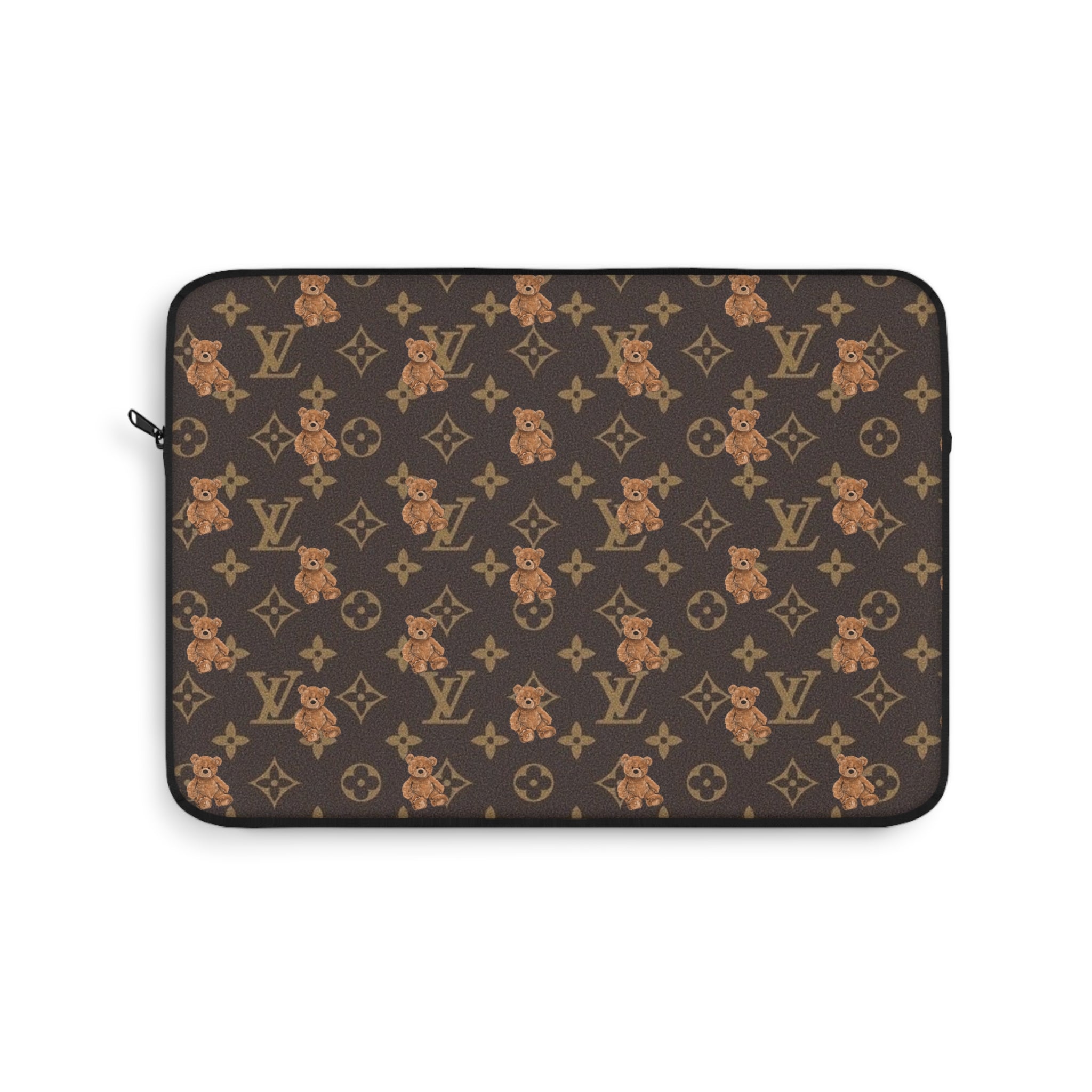 Laptop sleeve with dark brown LV monogram fabric and repeating teddy bear motif, zip closure