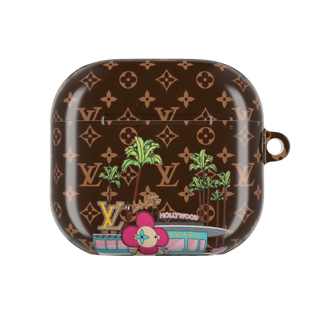 LV Hollywood AirPod case, brown monogram with palm trees and flower graphic patch