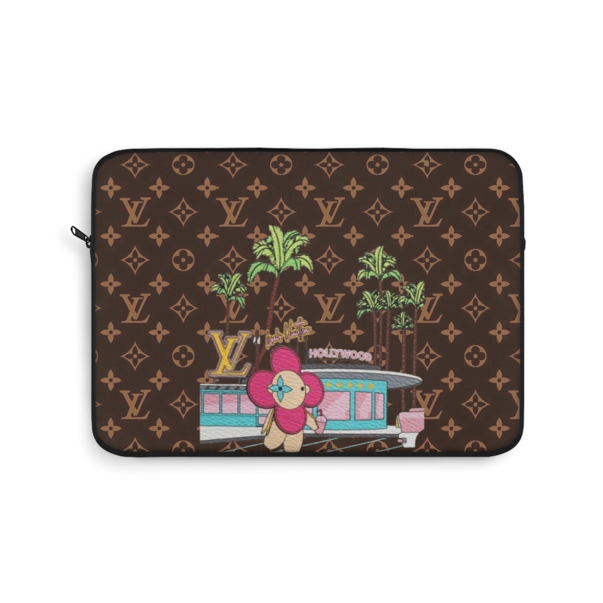 Brown laptop sleeve with zip closure and colorful animal, plants, and monogram pattern