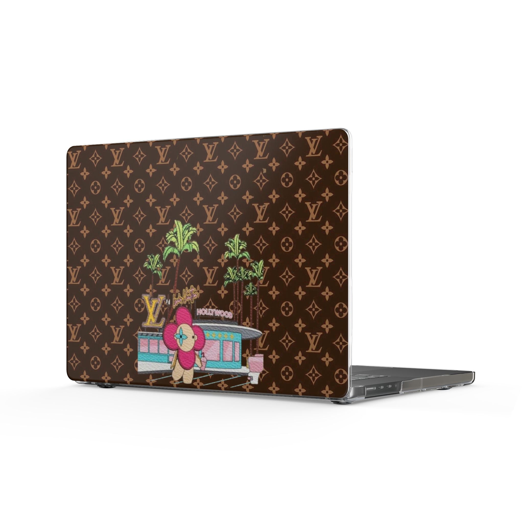 LV monogram laptop cover with colorful cartoon floral design, clear edge