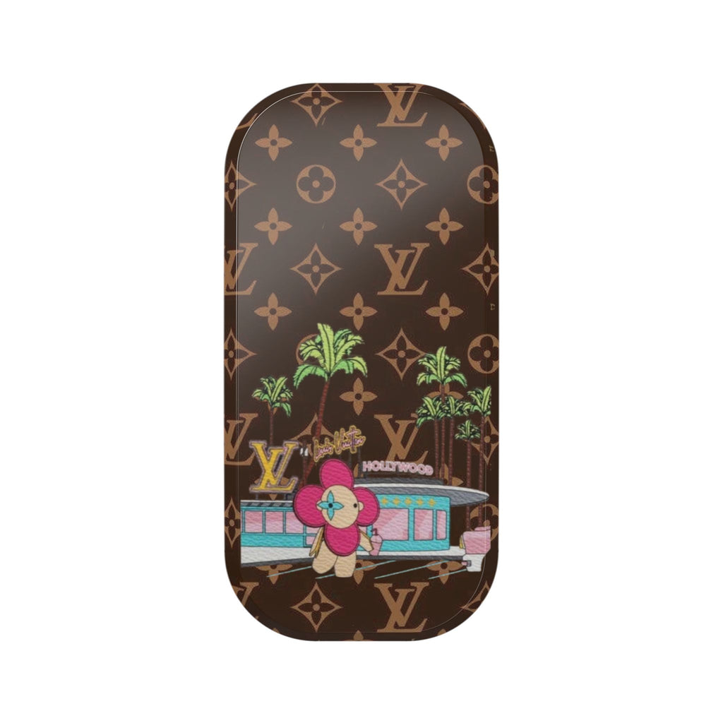 Brown phone grip with monogram pattern and Hollywood-style graphic