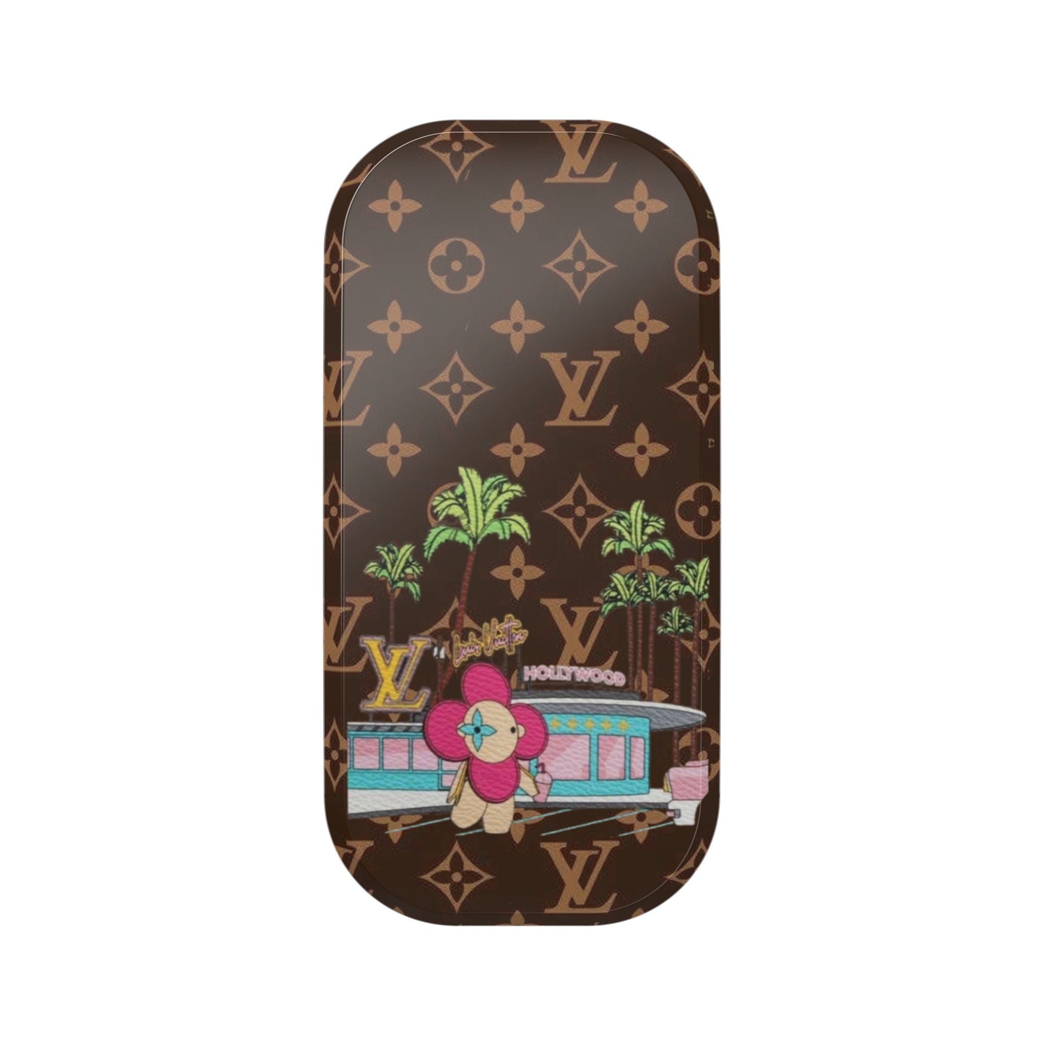 Brown phone grip with monogram pattern and Hollywood-style graphic