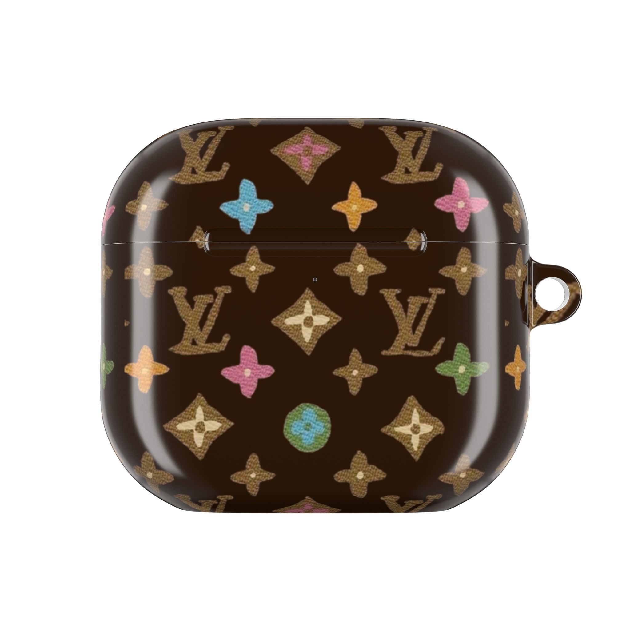 AirPods case in dark brown with multicolor star and monogram pattern, front view